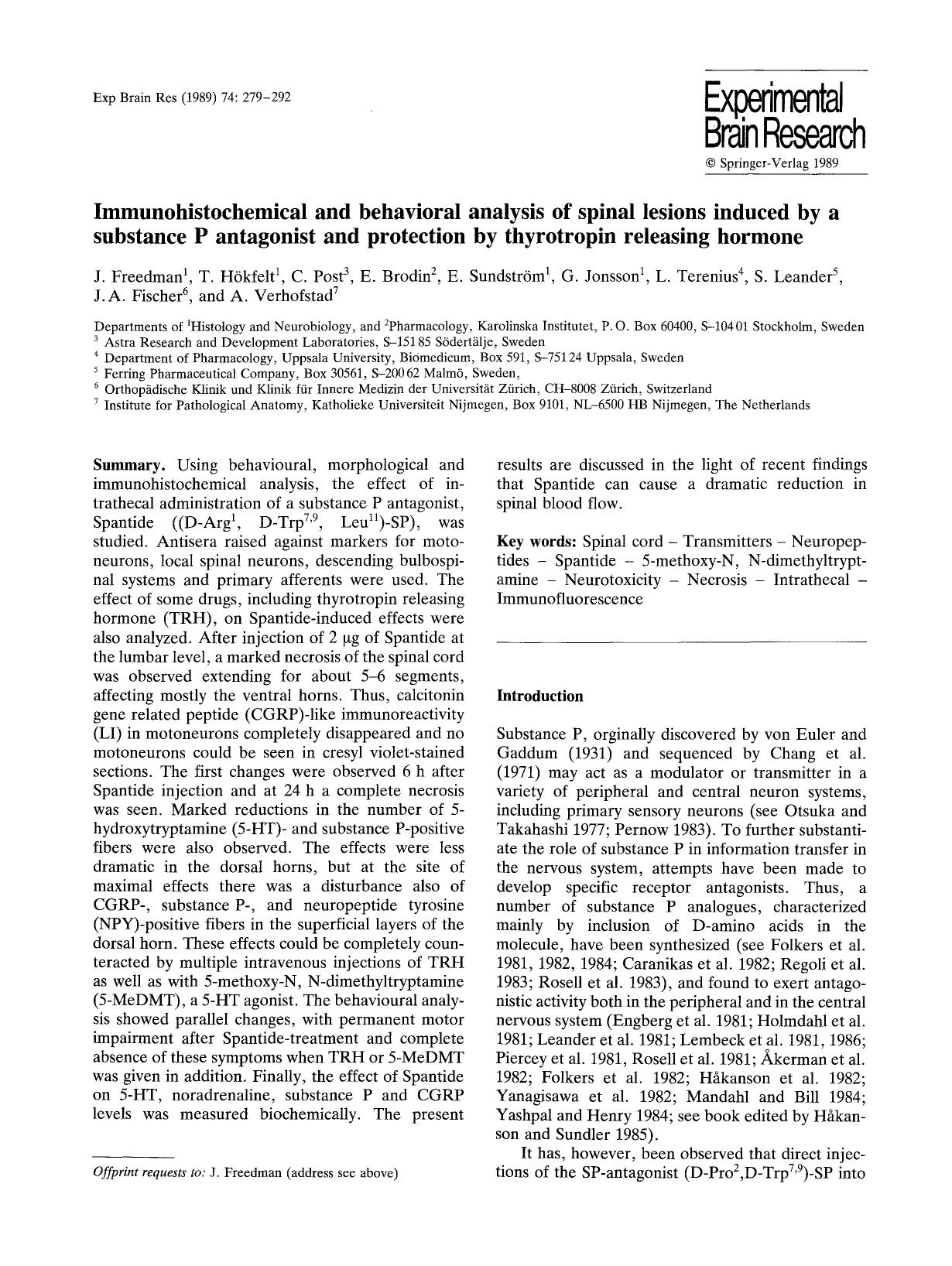 Immunohistochemical and behavioral analysis of spinal lesions induced by a substance P antagonist and protection by thyrotropin releasing hormone by Unknown