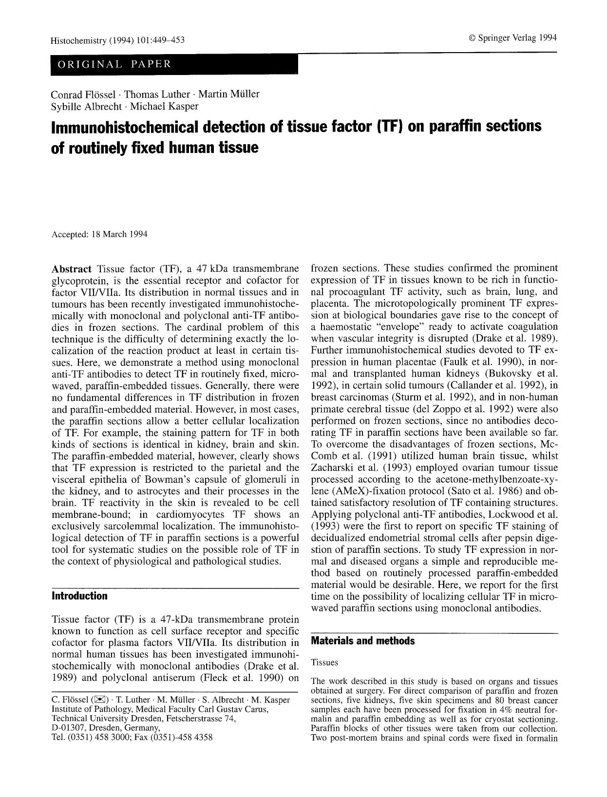 Immunohistochemical detection of tissue factor (TF) on paraffin sections of routinely fixed human tissue by Unknown