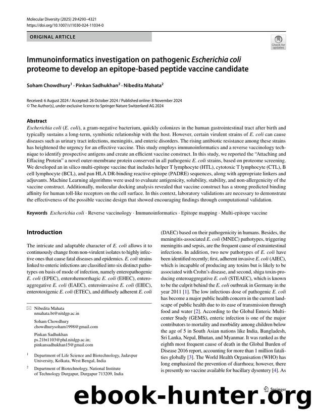 Immunoinformatics investigation on pathogenic Escherichia coli proteome to develop an epitope-based peptide vaccine candidate by Soham Chowdhury & Pinkan Sadhukhan & Nibedita Mahata