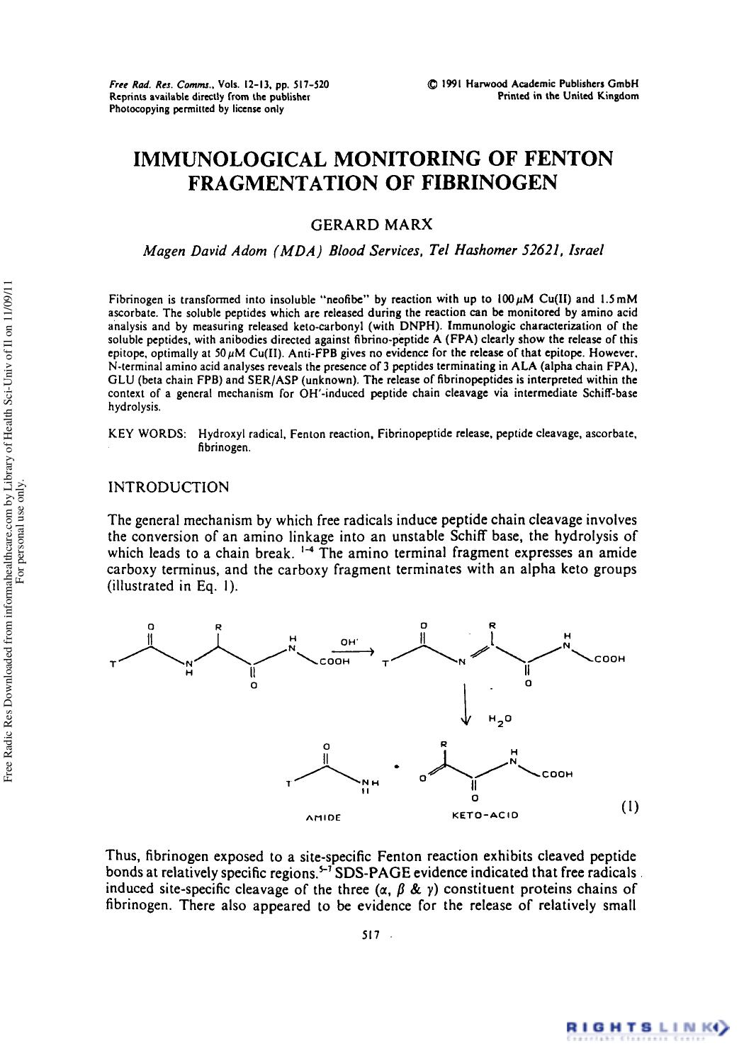 Immunological Monitoring of Fenton Fragmentation of Fibrinogen by Gerard Marx