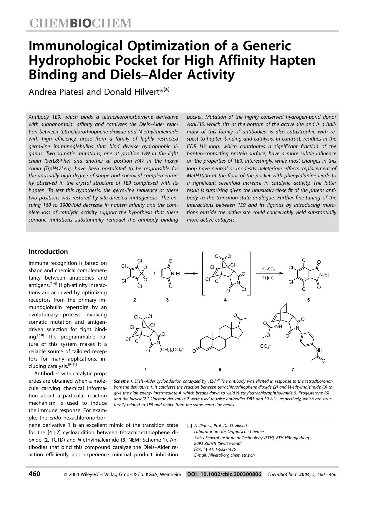 Immunological Optimization of a Generic Hydrophobic Pocket for High Affinity Hapten Binding and Diels-Alder Activity by Systemverwalter