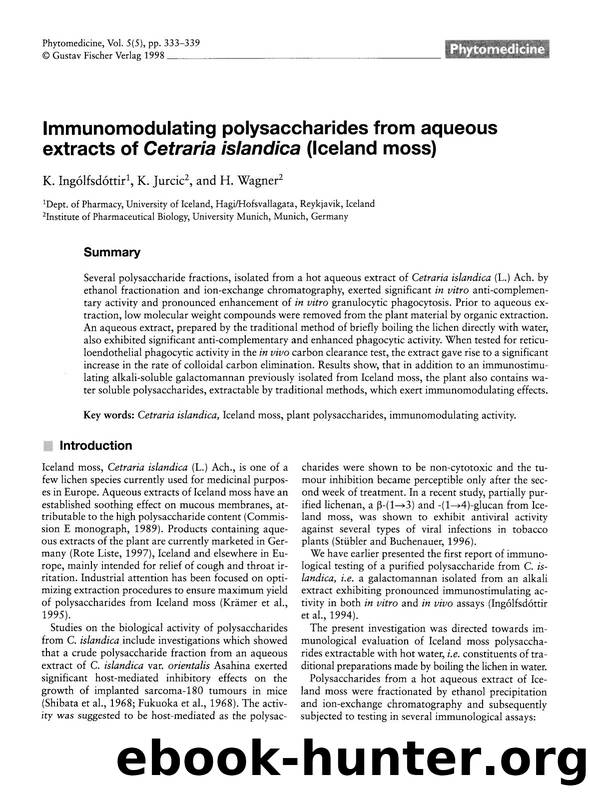 Immunomodulating polysaccharides from aqueous extracts of Cetraria islandica (Iceland moss) by K. Ingólfsdóttir & K. Jurcic & H. Wagner