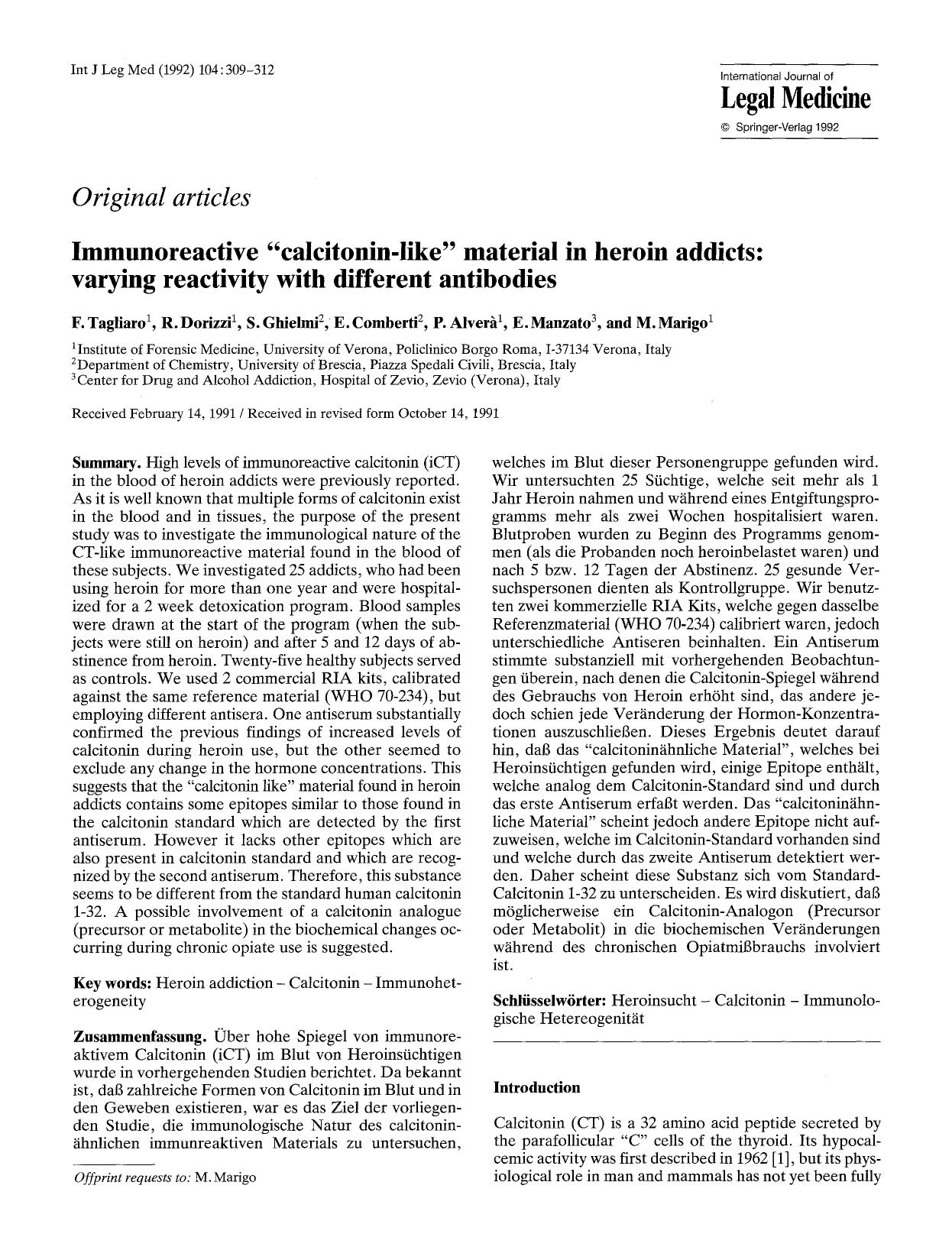 Immunoreactive &#x201C;calcitonin-like&#x201D; material in heroin addicts: Varying reactivity with different antibodies by Unknown