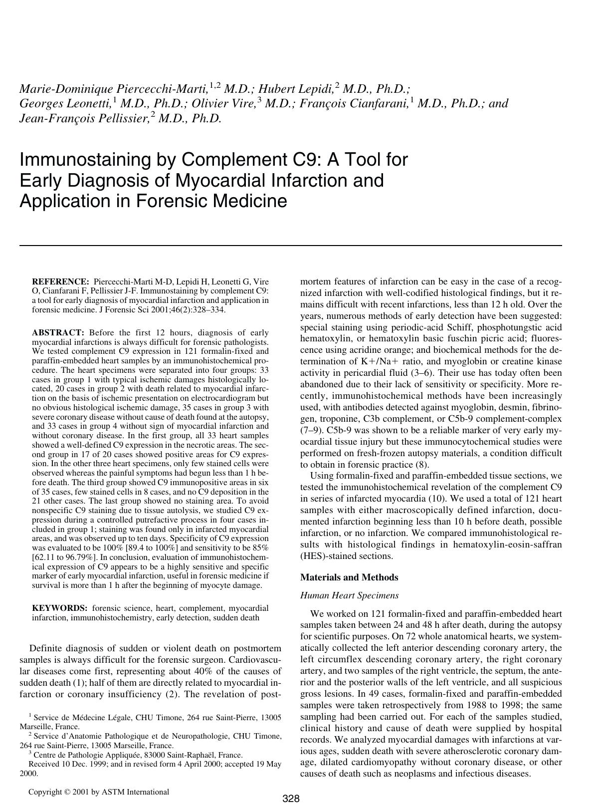 Immunostaining by complement C9: a tool for early diagnosis of myocardial infarction and application in forensic medicine by Piercecchi-Marti MD Lepidi H Leonetti G Vire O Cianfarani F Pellissier JF