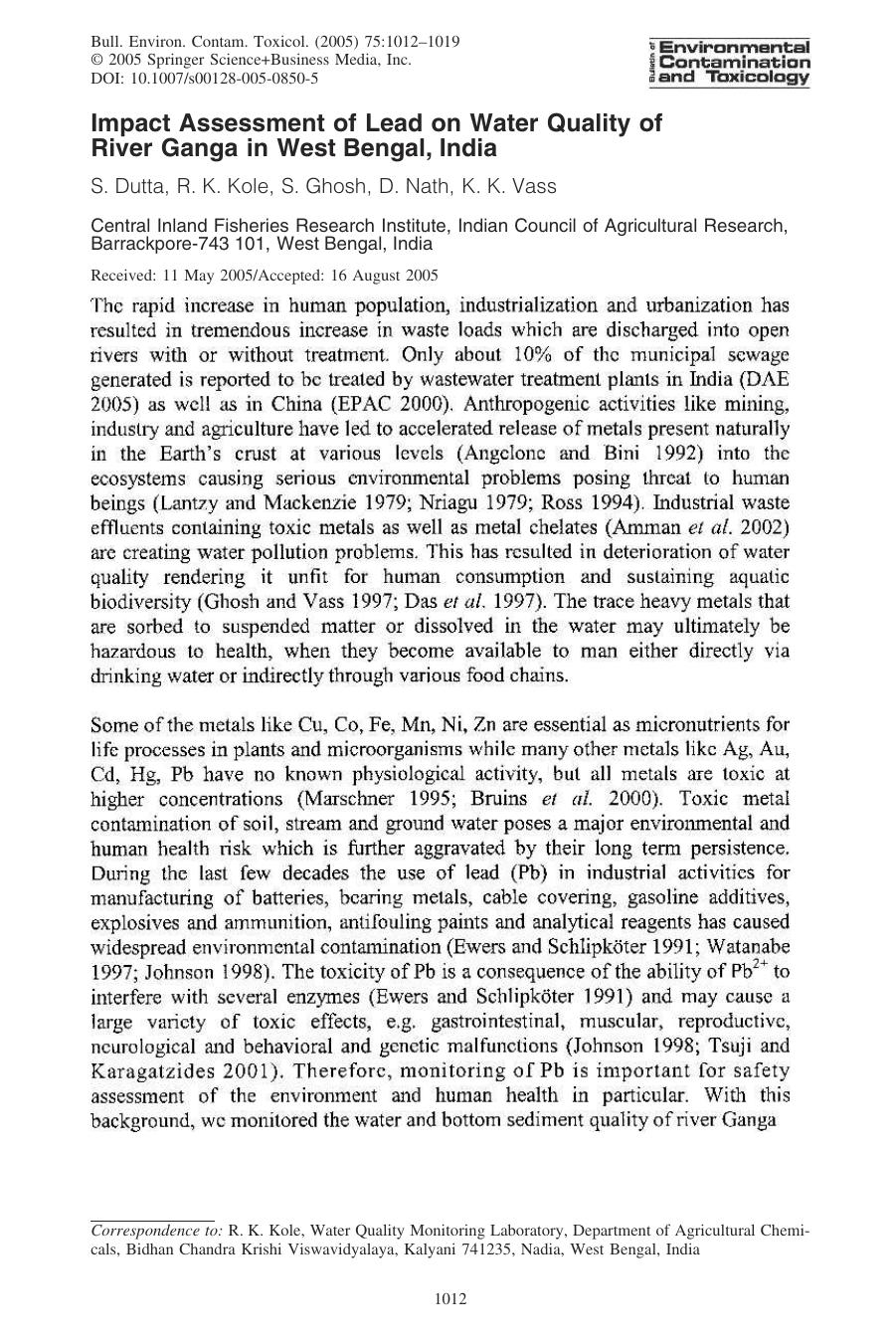 Impact Assessment of Lead on Water Quality of River Ganga in West Bengal, India by Dutta S. et al