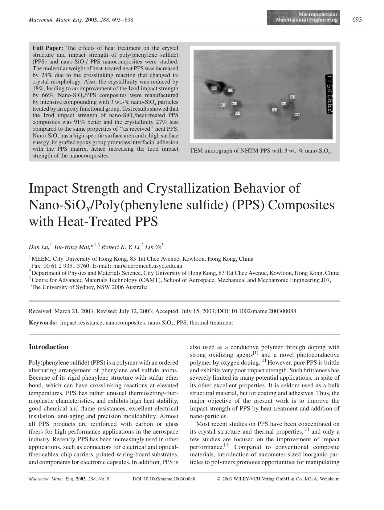Impact Strength and Crystallization Behavior of Nano-SiOxPoly(phenylene sulfide) (PPS) Composites with Heat-Treated PPS by Unknown