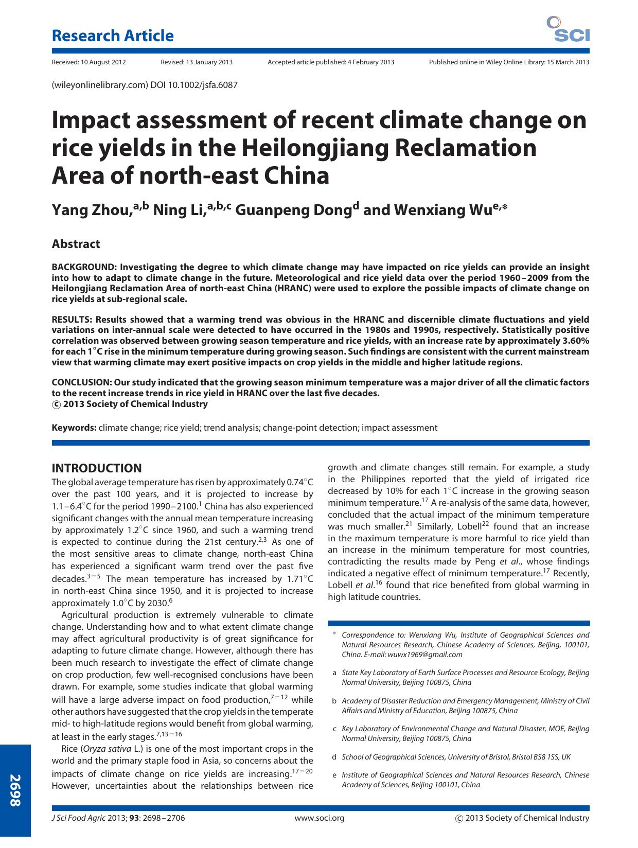 Impact assessment of recent climate change on rice yields in the Heilongjiang Reclamation Area of northeast China by Unknown