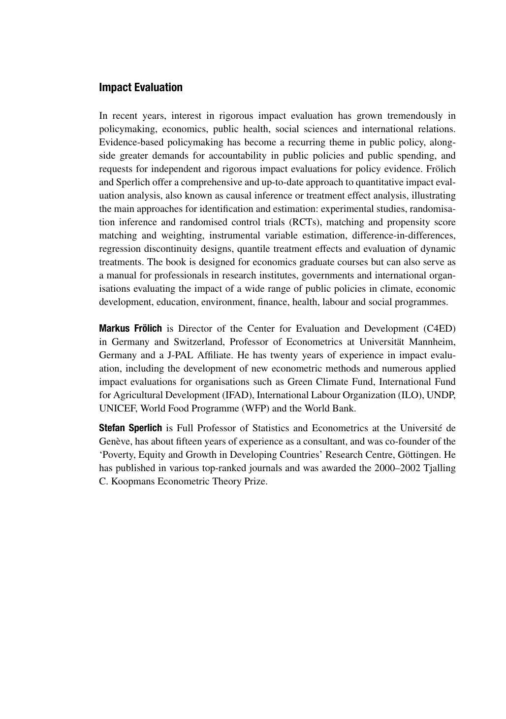 Impact evaluation, treatment effects and causal analysis by Fröhlich Markus; Sperlich Stefan