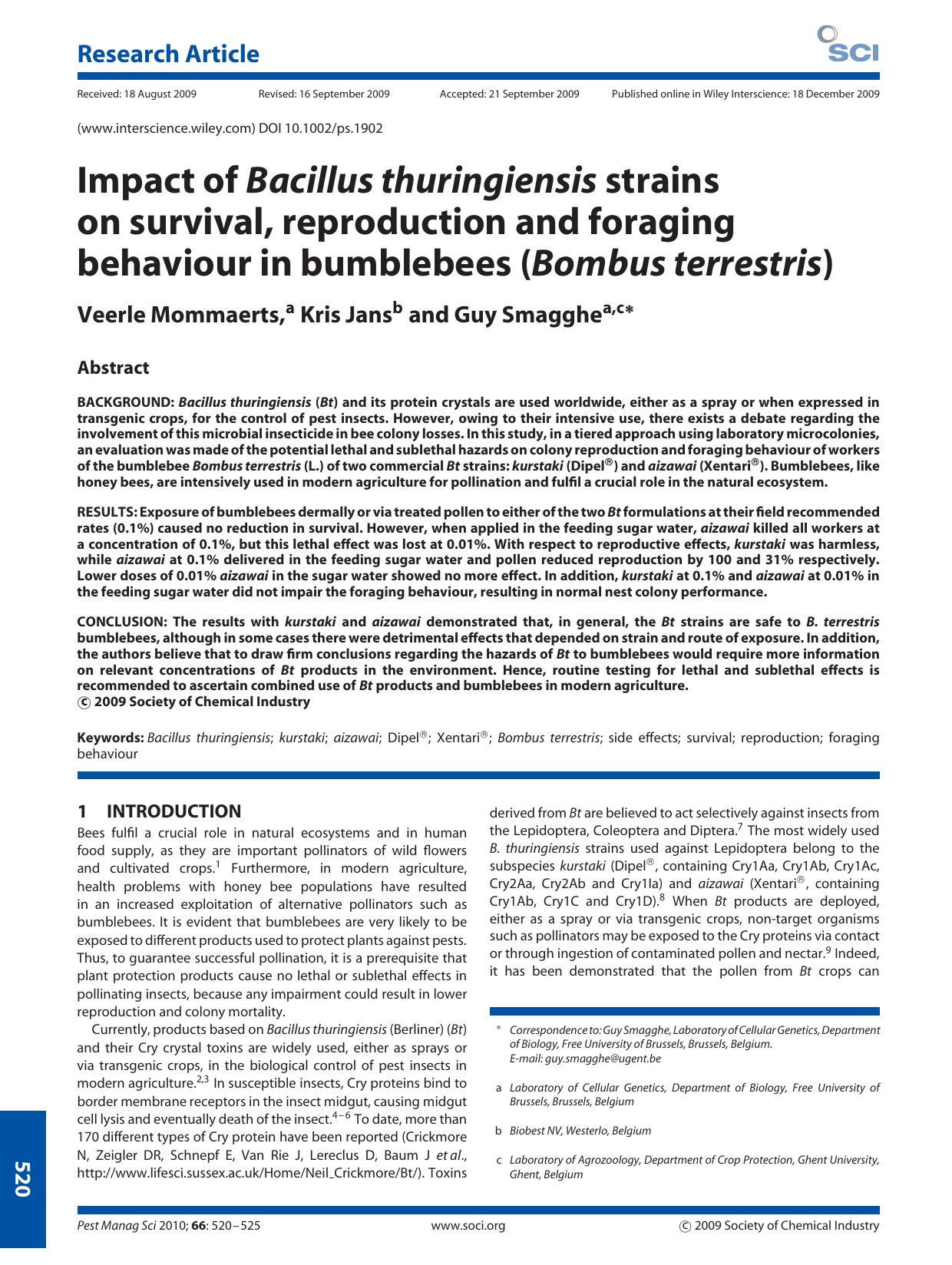 Impact of Bacillus thuringiensis strains on survival, reproduction and foraging behaviour in bumblebees (Bombus terrestris) by Unknown