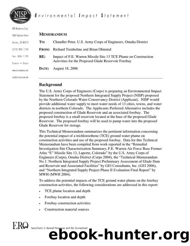 Impact of F.E. Warren Missile Site 13 TCE Plume on Construction Activities for the Proposed Glade Reservoir Forebay by U.S. Army Corps of Engineers