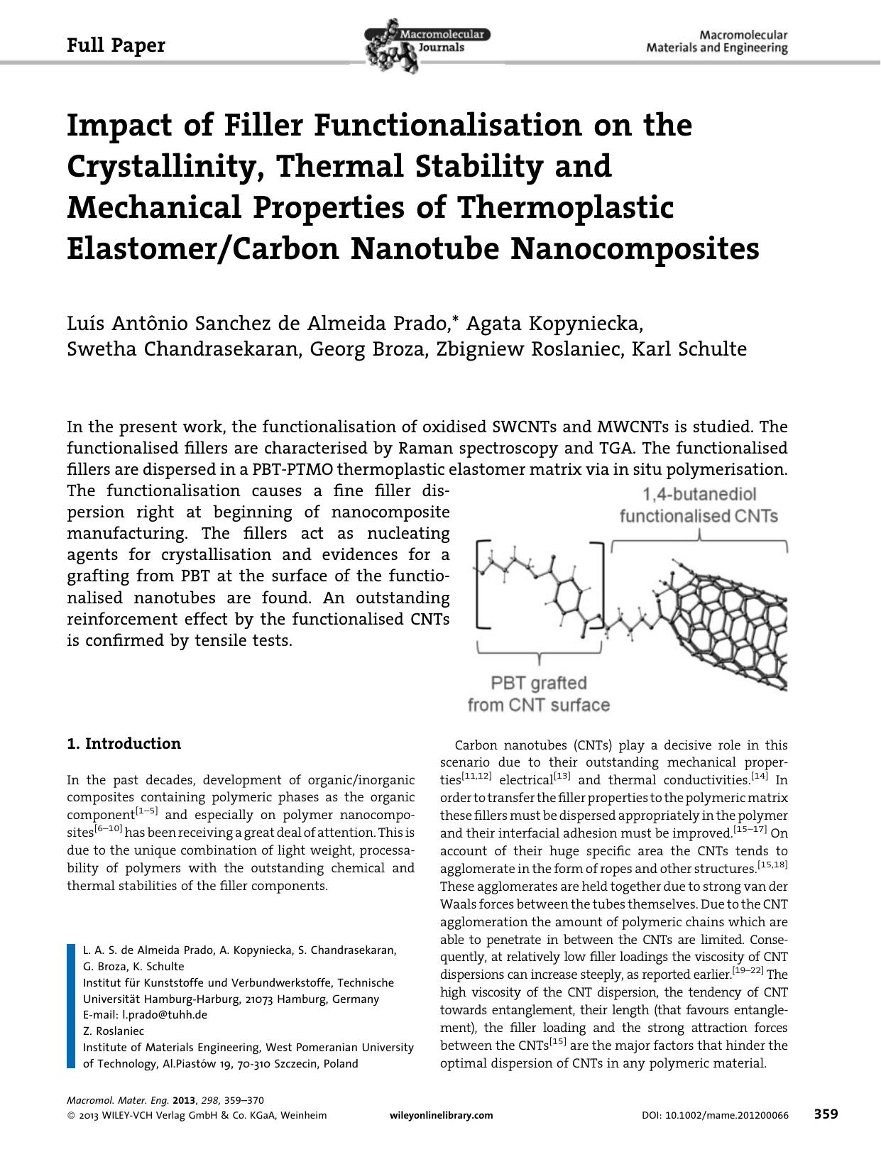 Impact of Filler Functionalisation on the Crystallinity, Thermal Stability and Mechanical Properties of Thermoplastic ElastomerCarbon Nanotube Nanocomposites by Unknown