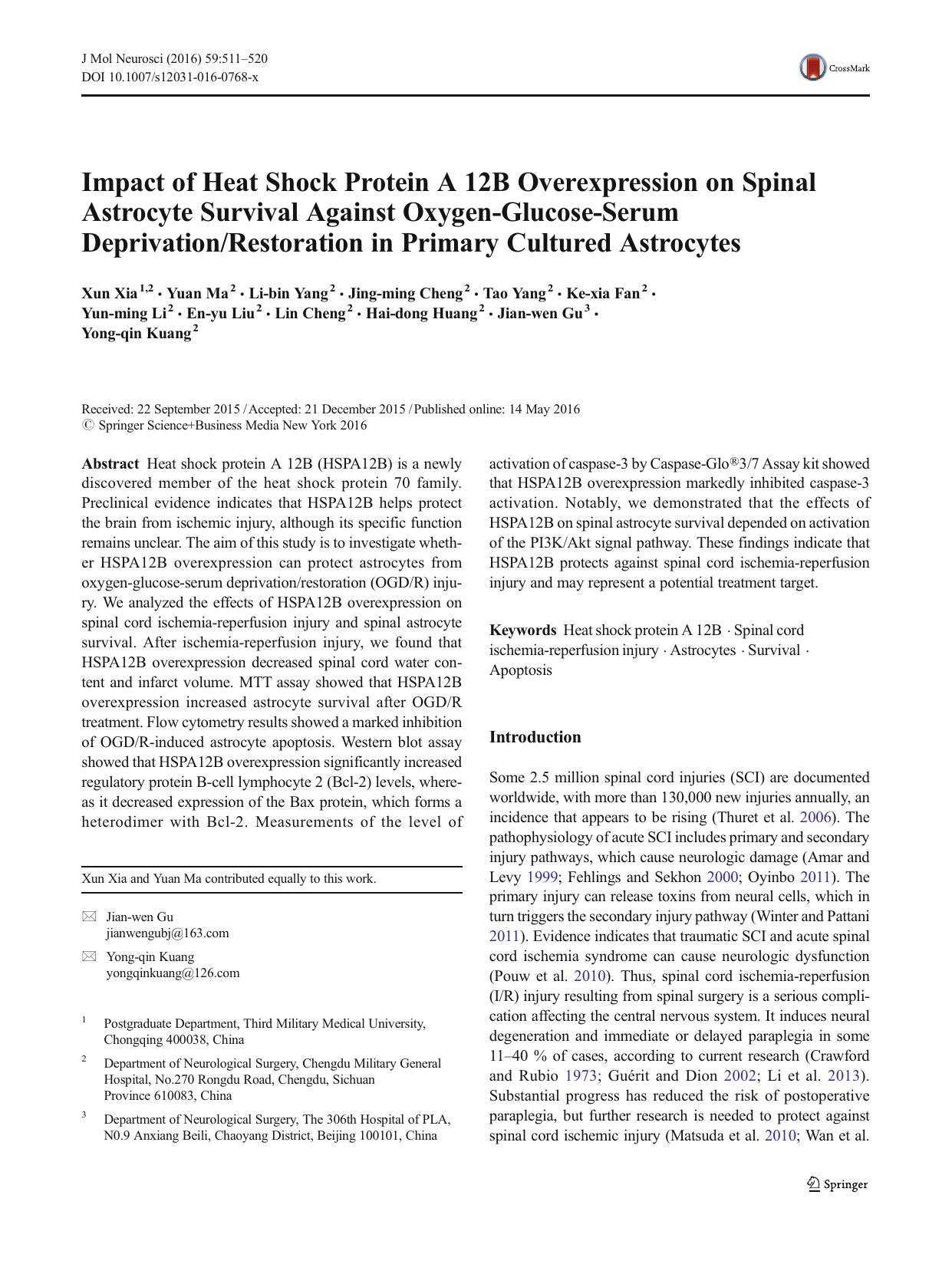 Impact of Heat Shock Protein A 12B Overexpression on Spinal Astrocyte Survival Against Oxygen-Glucose-Serum DeprivationRestoration in Primary Cultured Astrocytes by unknow