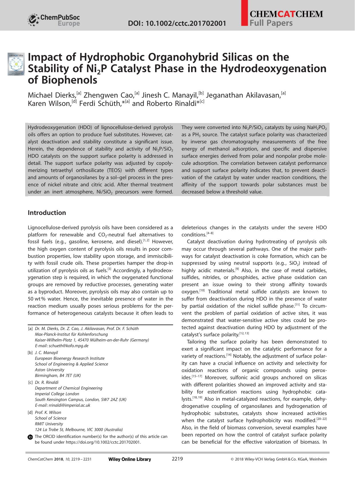 Impact of Hydrophobic Organohybrid Silicas on the Stability of Ni2P Catalyst Phase in the Hydrodeoxygenation of Biophenols by Unknown