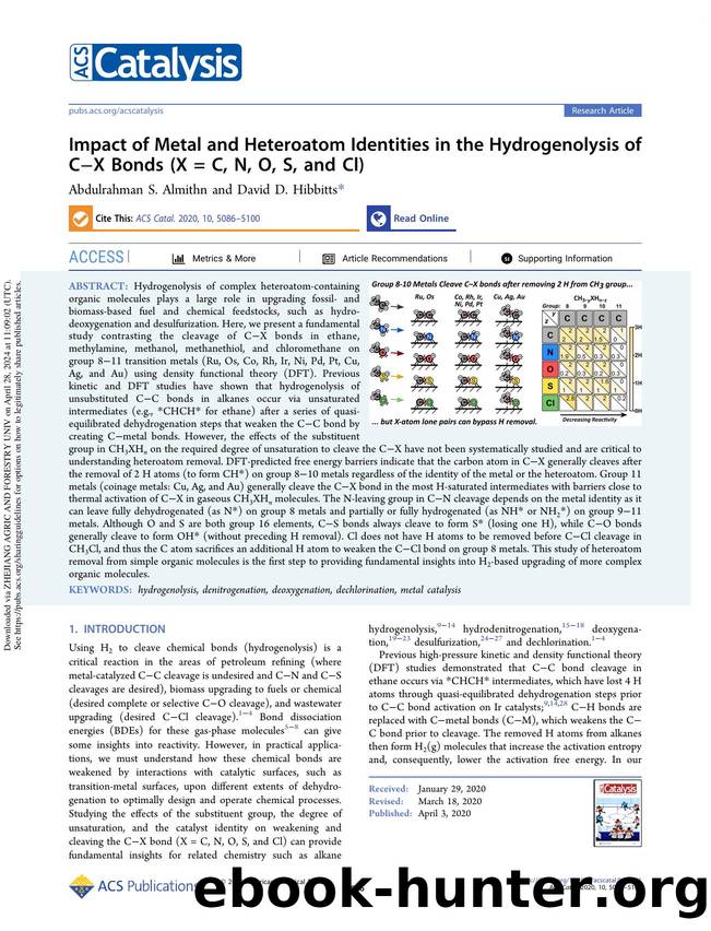 Impact of Metal and Heteroatom Identities in the Hydrogenolysis of CâX Bonds (X = C, N, O, S, and Cl) by Abdulrahman S. Almithn & David D. Hibbitts