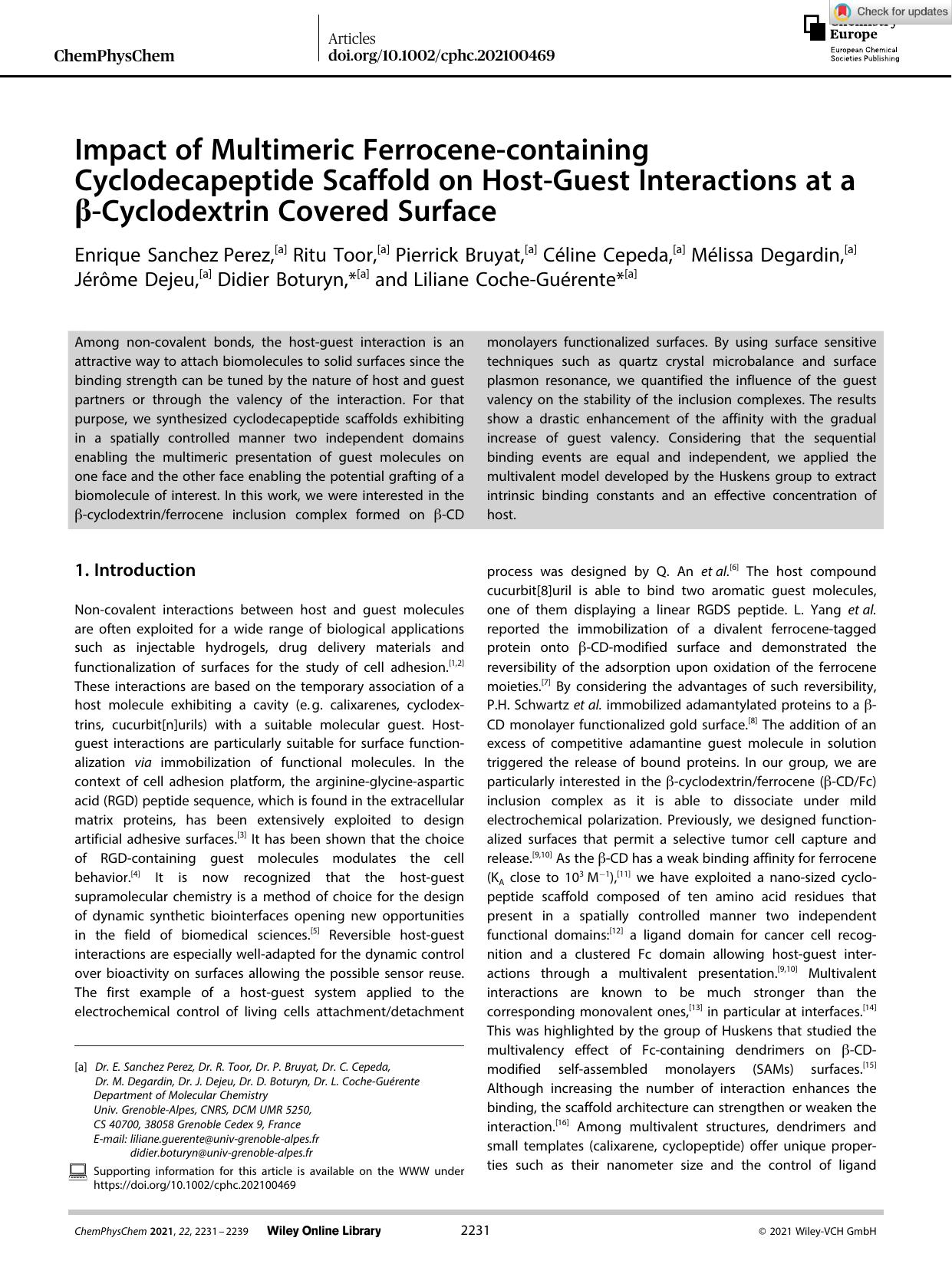 Impact of Multimeric Ferroceneâcontaining Cyclodecapeptide Scaffold on HostâGuest Interactions at a Î²âCyclodextrin Covered Surface by Unknown