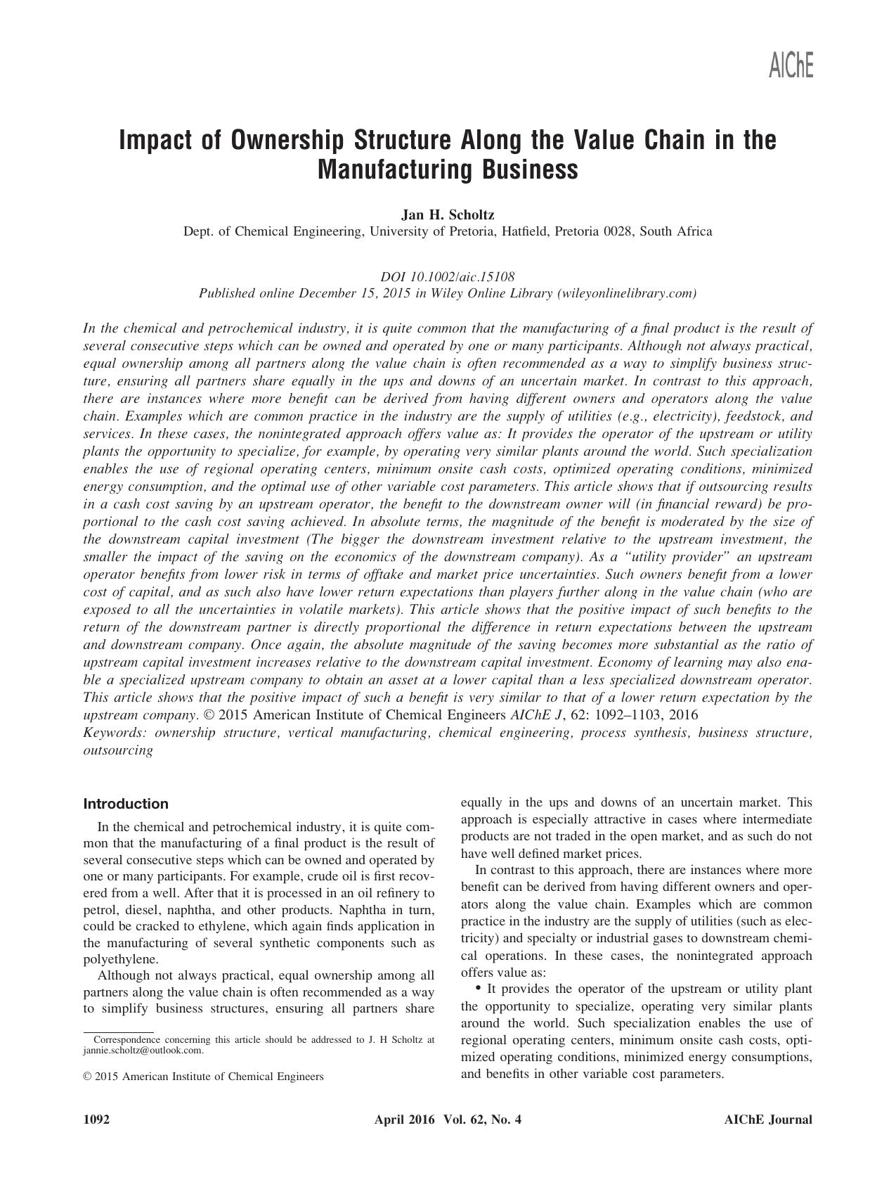 Impact of Ownership Structure Along the Value Chain in the Manufacturing Business by Unknown