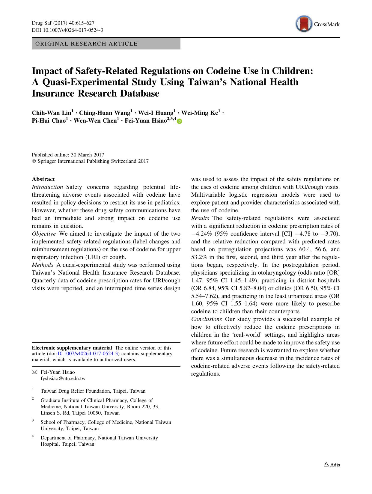 Impact of Safety-Related Regulations on Codeine Use in Children: A Quasi-Experimental Study Using Taiwanâs National Health Insurance Research Database by unknow