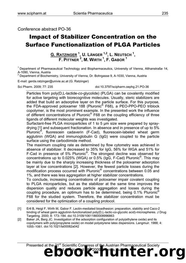 Impact of Stabilizer Concentration on the Surface Functionalization of PLGA Particles by G. RATZINGER & U. LÄNGER & L. NEUTSCH & F. PITTNER & M. WIRTH & F. GABOR