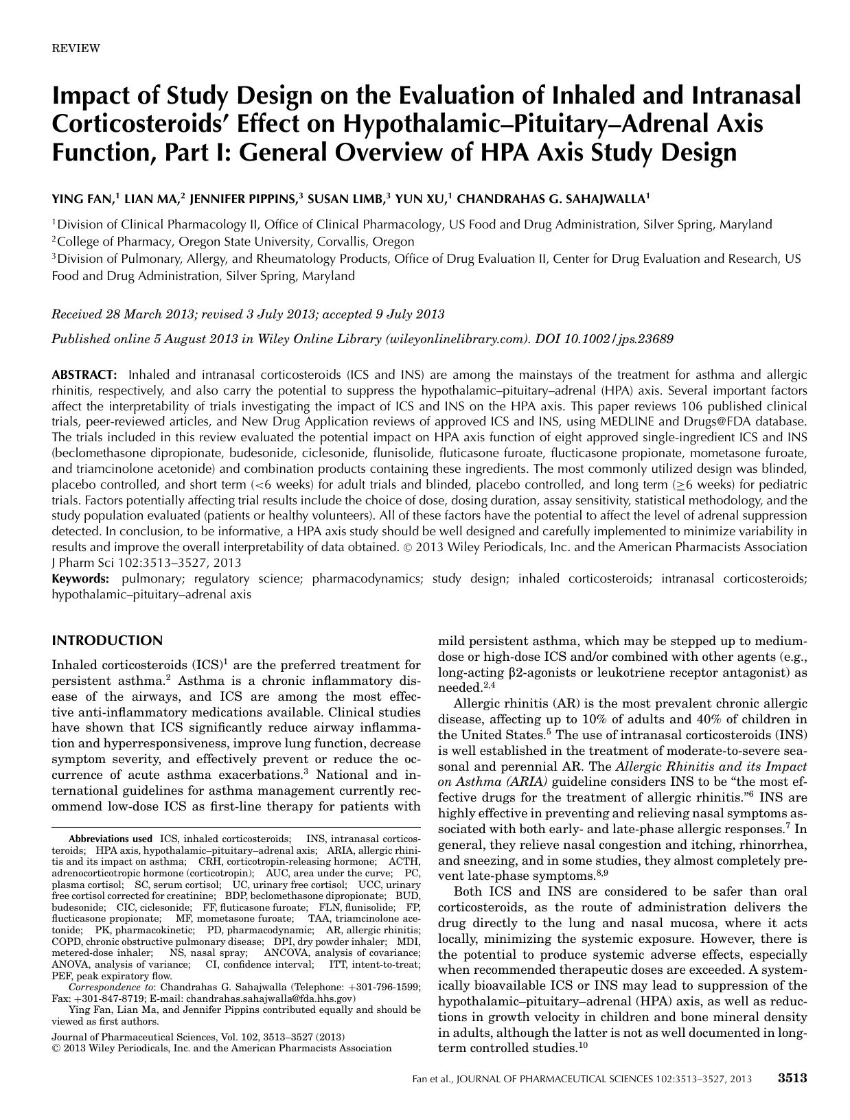 Impact of Study Design on the Evaluation of Inhaled and Intranasal Corticosteroids Effect on HypothalamicPituitaryAdrenal Axis Function, Part I: General Overview of HPA Axis Study Design by Unknown
