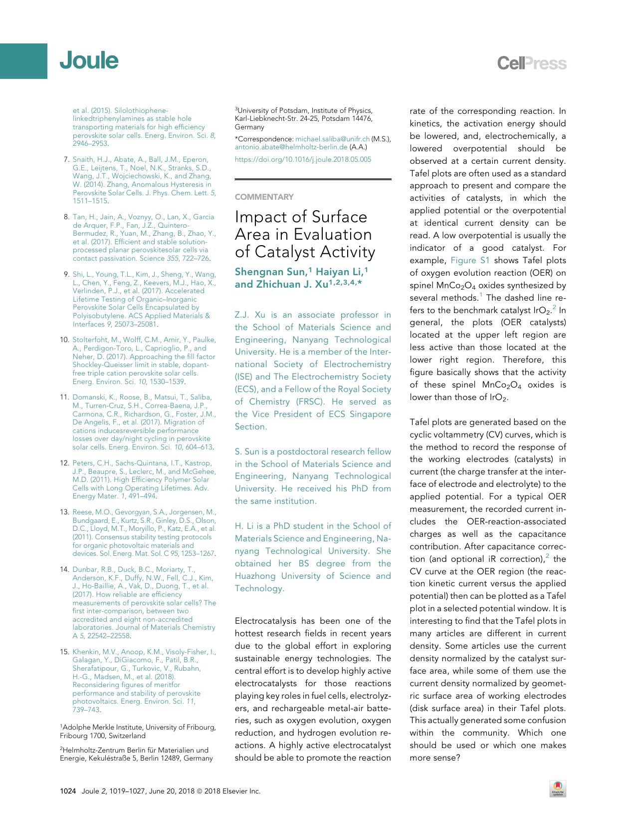 Impact of Surface Area in Evaluation of Catalyst Activity by Shengnan Sun & Haiyan Li & Zhichuan J. Xu