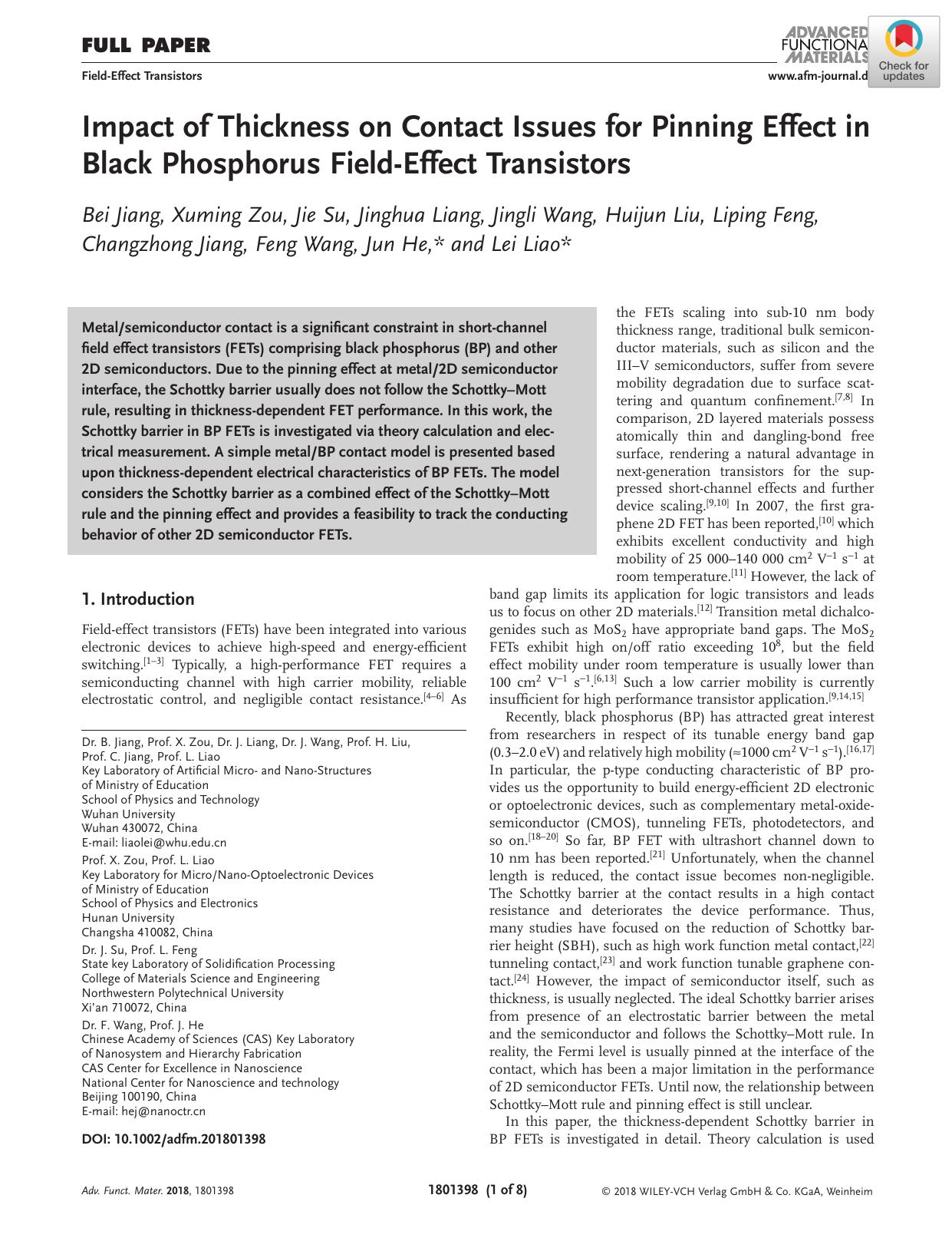 Impact of Thickness on Contact Issues for Pinning Effect in Black Phosphorus FieldâEffect Transistors by Unknown