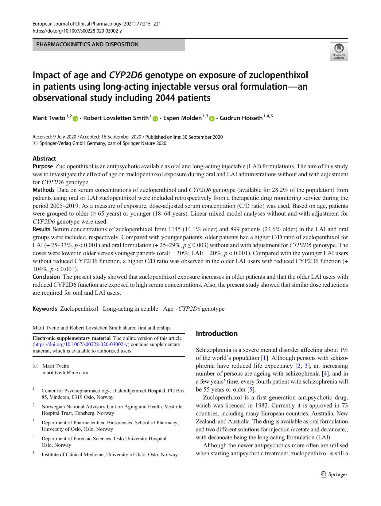 Impact of age and CYP2D6 genotype on exposure of zuclopenthixol in patients using long-acting injectable versus oral formulationâan observational study including 2044 patients by Marit Tveito & Robert Løvsletten Smith & Espen Molden & Gudrun Høiseth