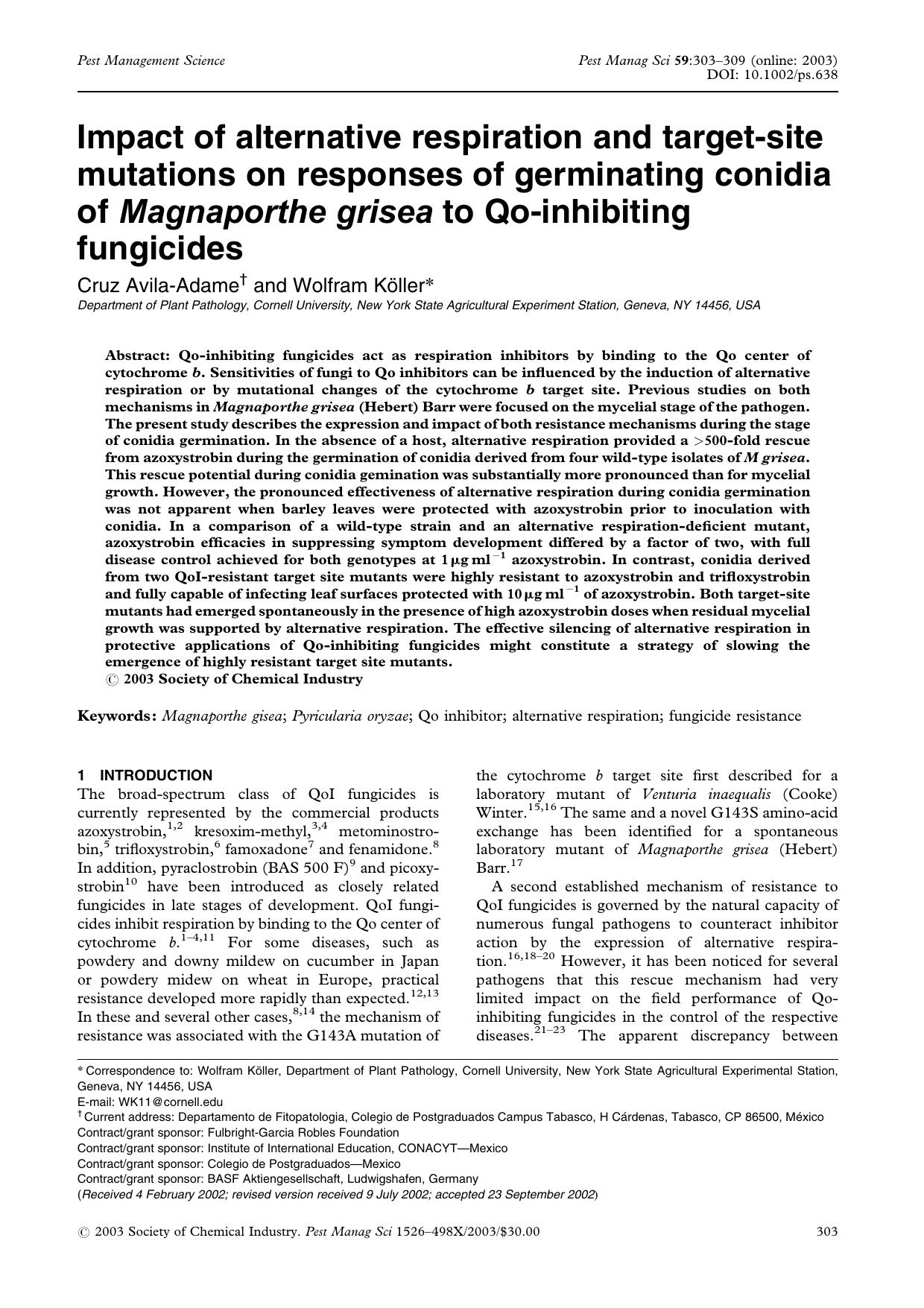 Impact of alternative respiration and target-site mutations on responses of germinating conidia of Magnaporthe grisea to Qo-inhibiting fungicides by Unknown