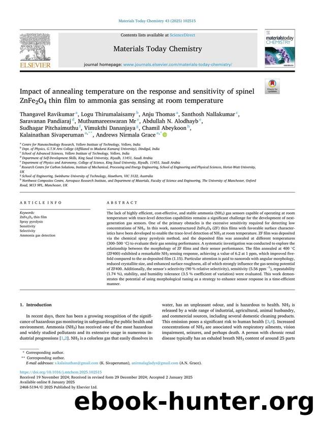 Impact of annealing temperature on the response and sensitivity of spinel ZnFe2O4 thin film to ammonia gas sensing at room temperature by unknow