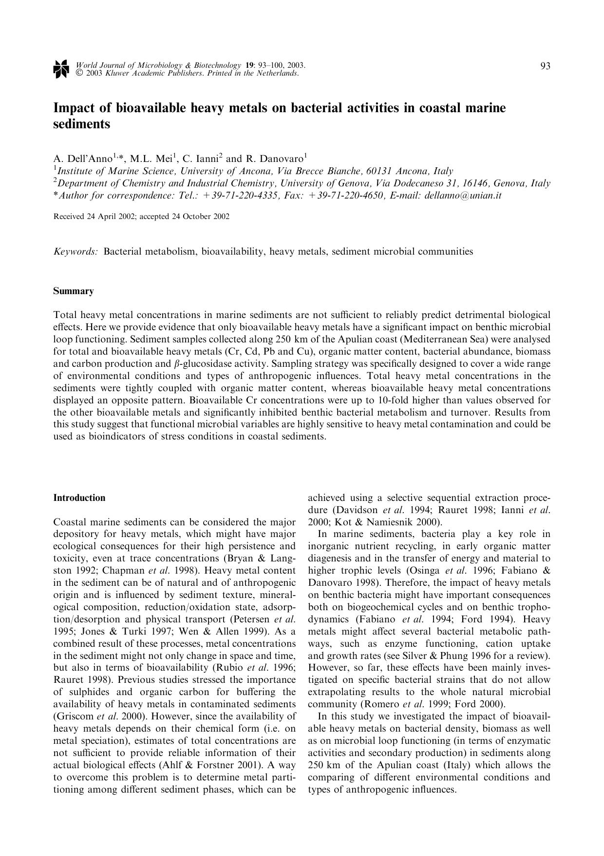 Impact of bioavailable heavy metals on bacterial activities in coastal marine sediments by Unknown