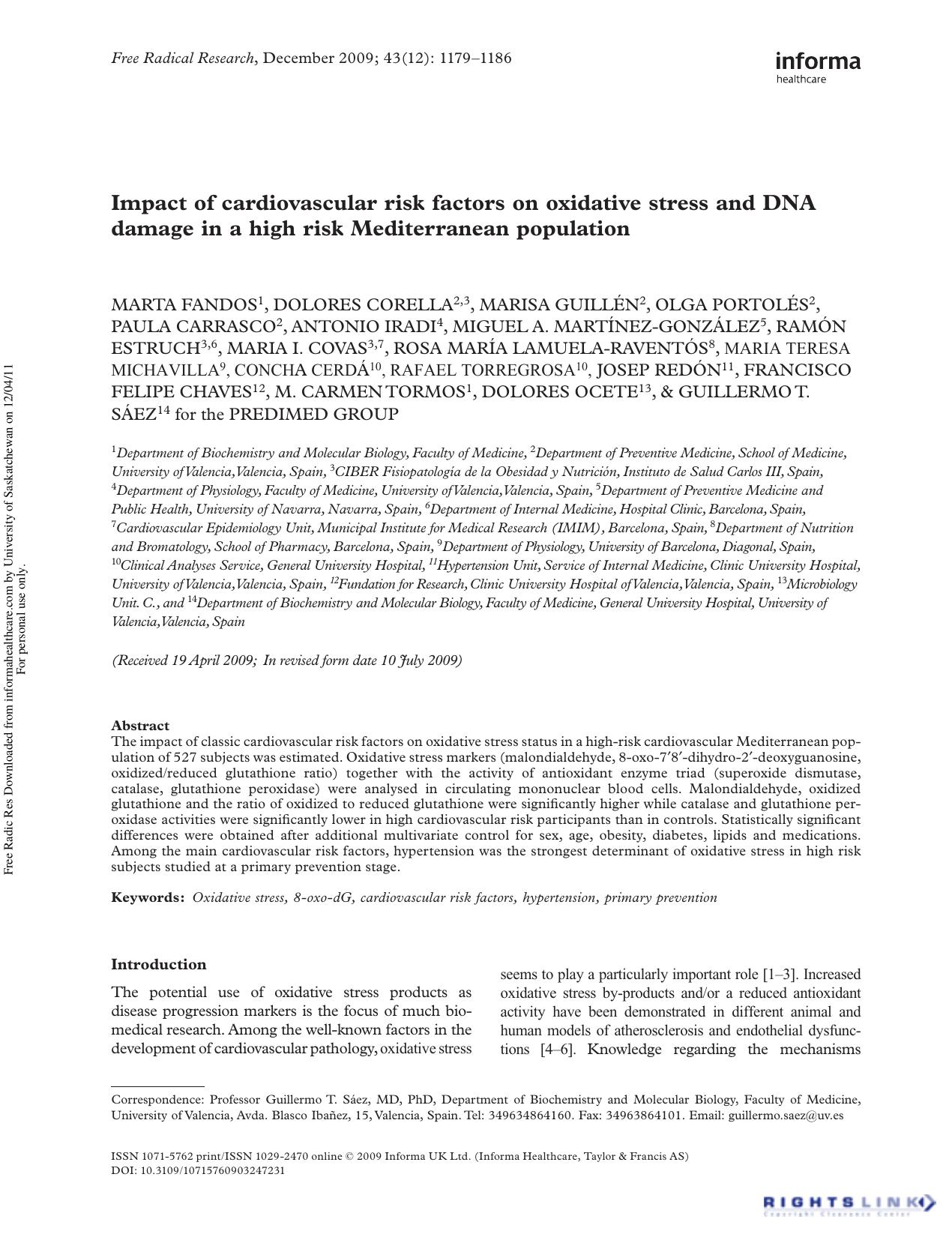 Impact of cardiovascular risk factors on oxidative stress and DNA damage in a high risk Mediterranean population by unknow