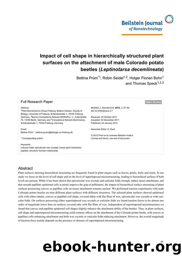Impact of cell shape in hierarchically structured plant surfaces on the attachment of male Colorado potato beetles (Leptinotarsa decemlineata) by Bettina Prüm Robin Seidel Bohn Thomas Speck