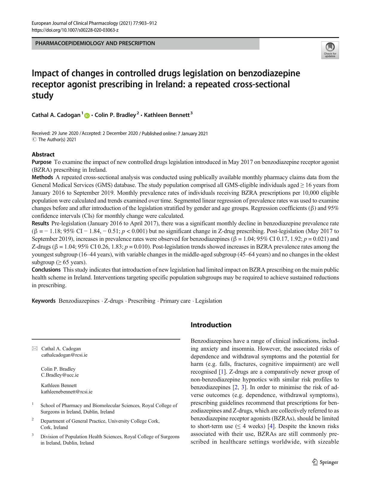 Impact of changes in controlled drugs legislation on benzodiazepine receptor agonist prescribing in Ireland: a repeated cross-sectional study by Cathal A. Cadogan & Colin P. Bradley & Kathleen Bennett
