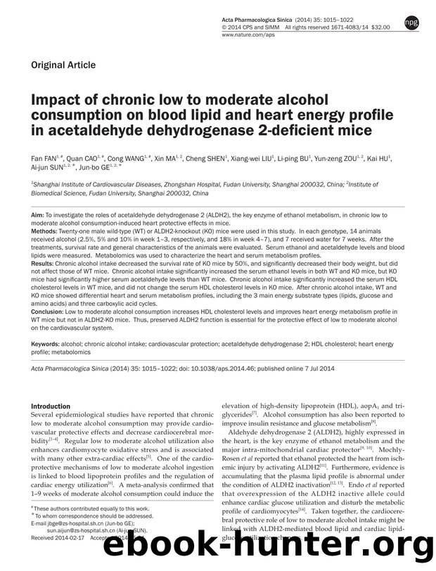 Impact of chronic low to moderate alcohol consumption on blood lipid and heart energy profile in acetaldehyde dehydrogenase 2-deficient mice by unknow