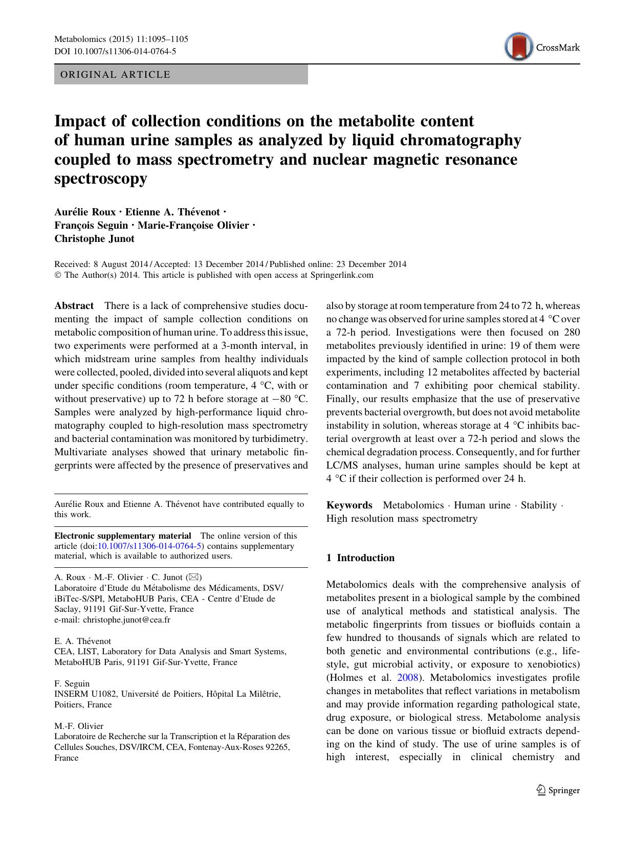 Impact of collection conditions on the metabolite content of human urine samples as analyzed by liquid chromatography coupled to mass spectrometry and nuclear magnetic resonance spectroscopy by unknow