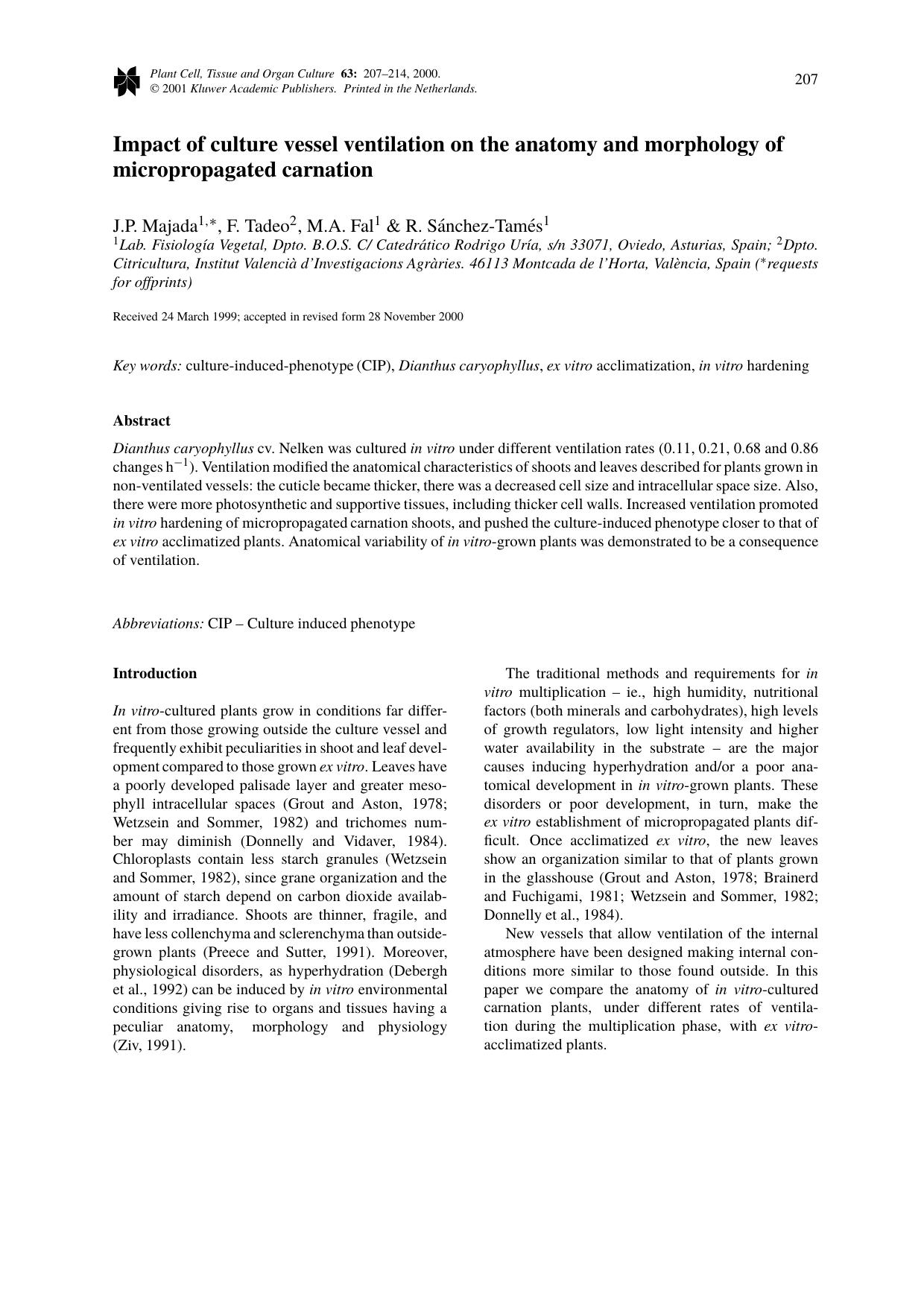 Impact of culture vessel ventilation on the anatomy and morphology of micropropagated carnation by Unknown