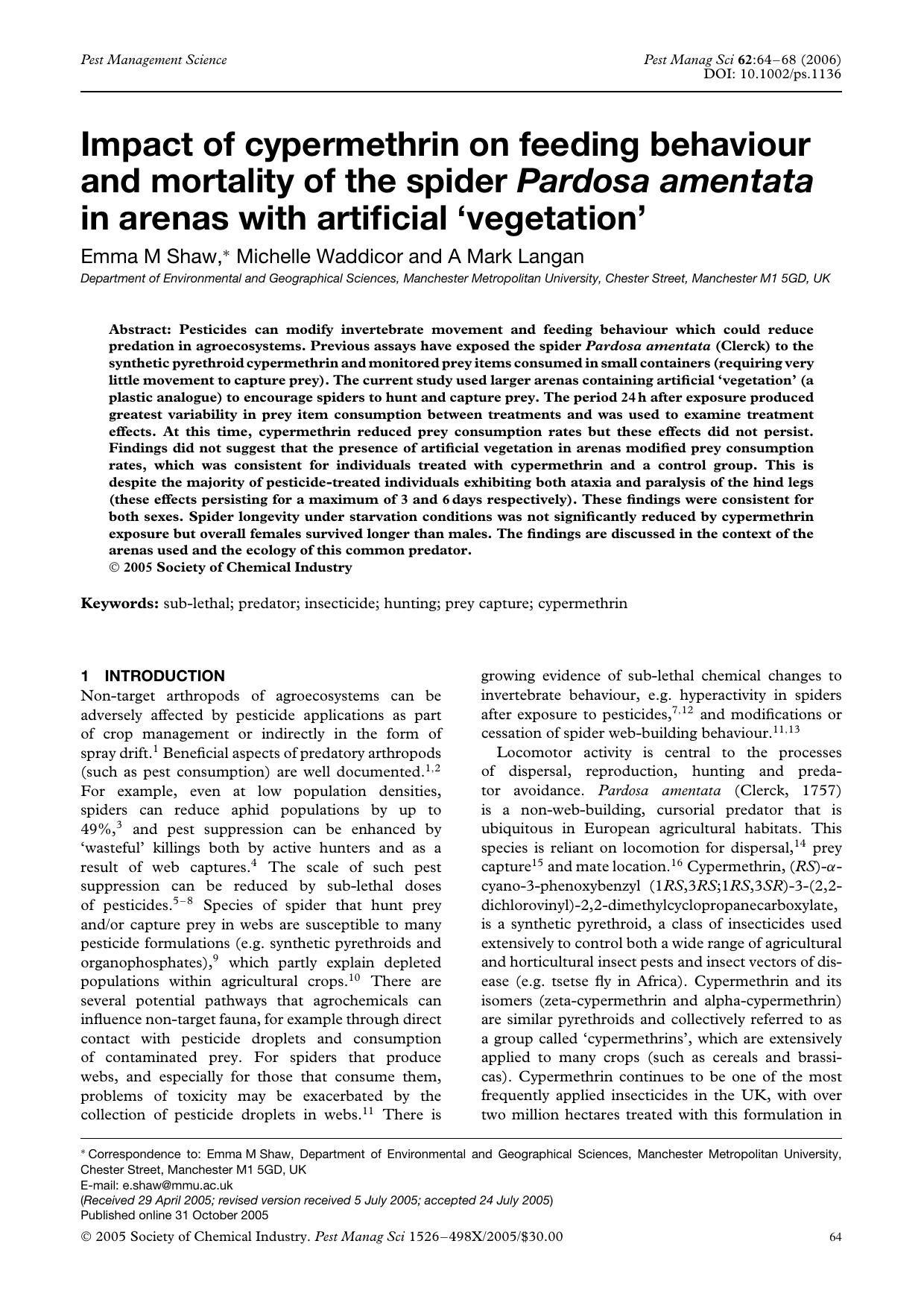 Impact of cypermethrin on feeding behaviour and mortality of the spider Pardosa amentata in arenas with artificial `vegetation' by Unknown
