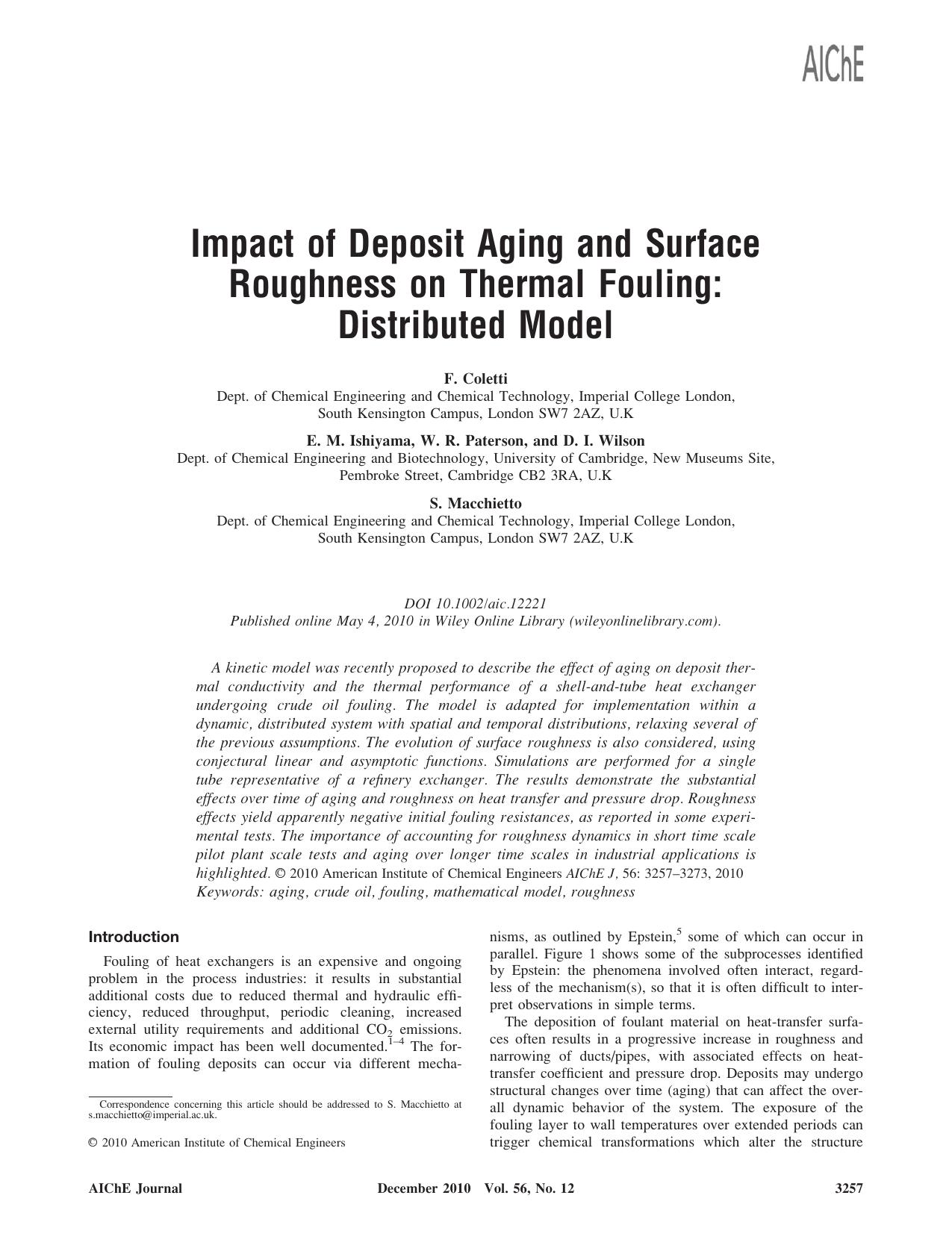 Impact of deposit aging and surface roughness on thermal fouling: Distributed model by Unknown