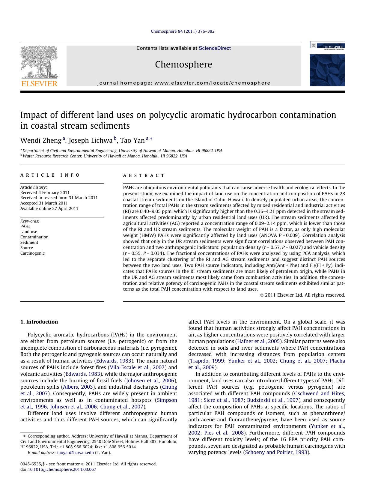 Impact of different land uses on polycyclic aromatic hydrocarbon contamination in coastal stream sediments by Wendi Zheng & Joseph Lichwa & Tao Yan