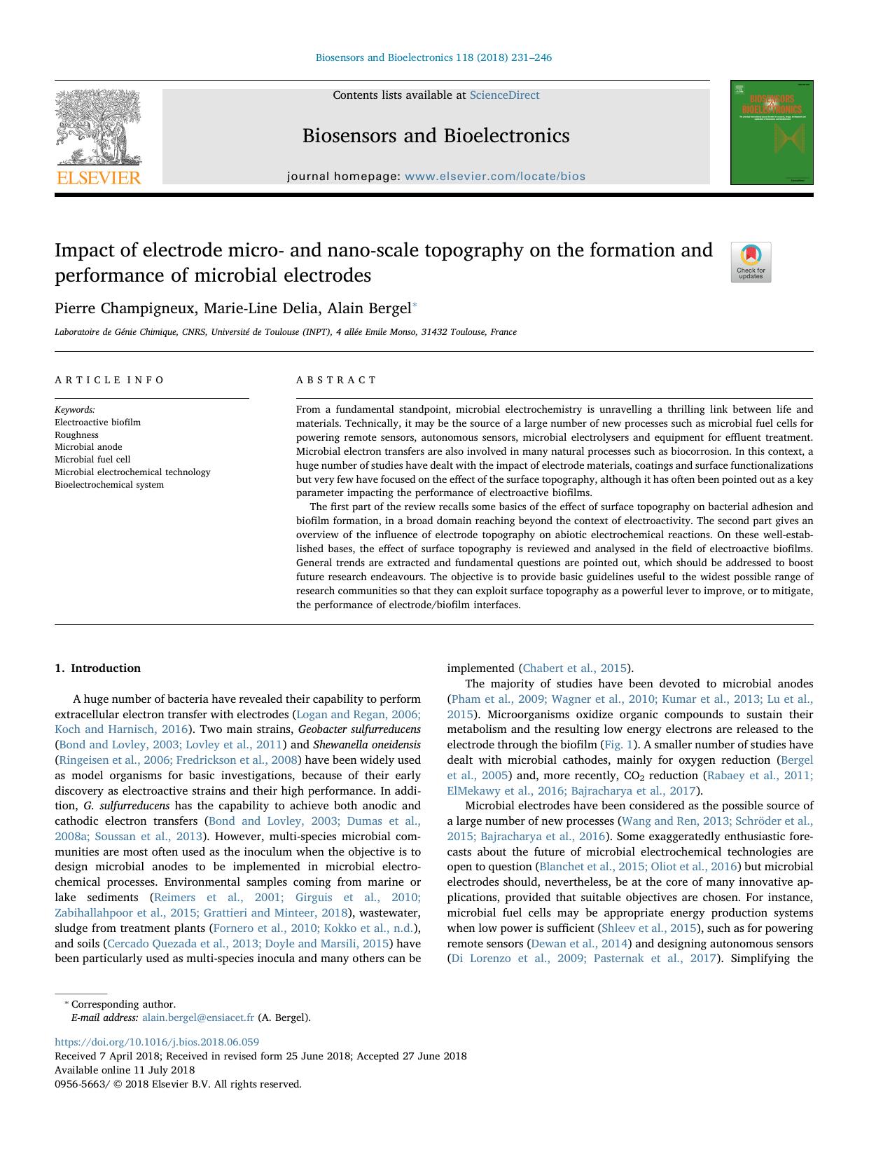 Impact of electrode micro- and nano-scale topography on the formation and performance of microbial electrodes by Pierre Champigneux & Marie-Line Delia & Alain Bergel