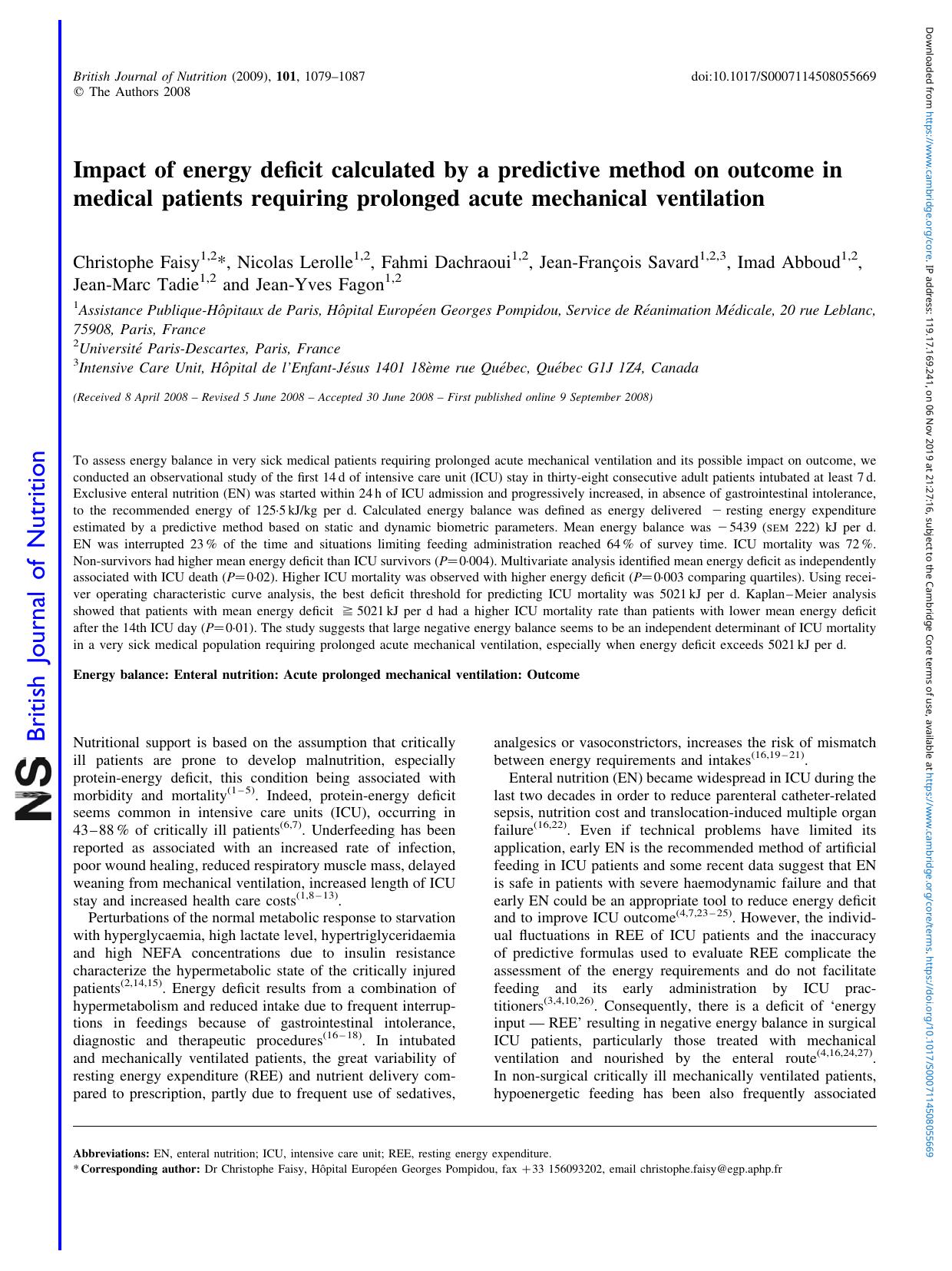 Impact of energy deficit calculated by a predictive method on outcome in medical patients requiring prolonged acute mechanical ventilation by unknow
