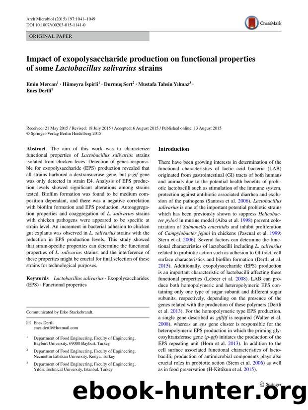 Impact of exopolysaccharide production on functional properties of some Lactobacillus salivarius strains by Emin Mercan & Hümeyra İspirli & Durmuş Sert & Mustafa Tahsin Yılmaz & Enes Dertli