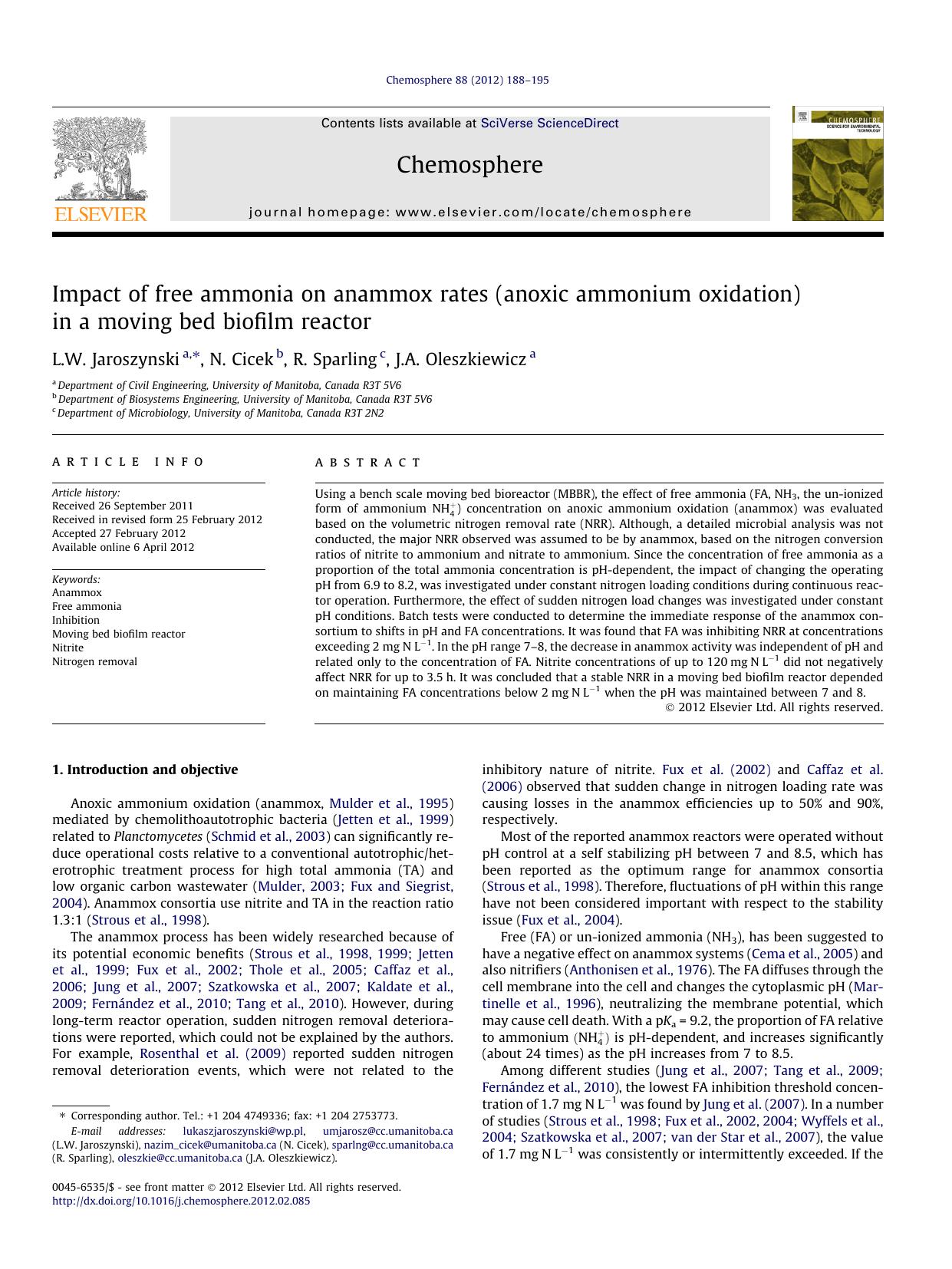 Impact of free ammonia on anammox rates (anoxic ammonium oxidation) in a moving bed biofilm reactor by L.W. Jaroszynski & N. Cicek & R. Sparling & J.A. Oleszkiewicz