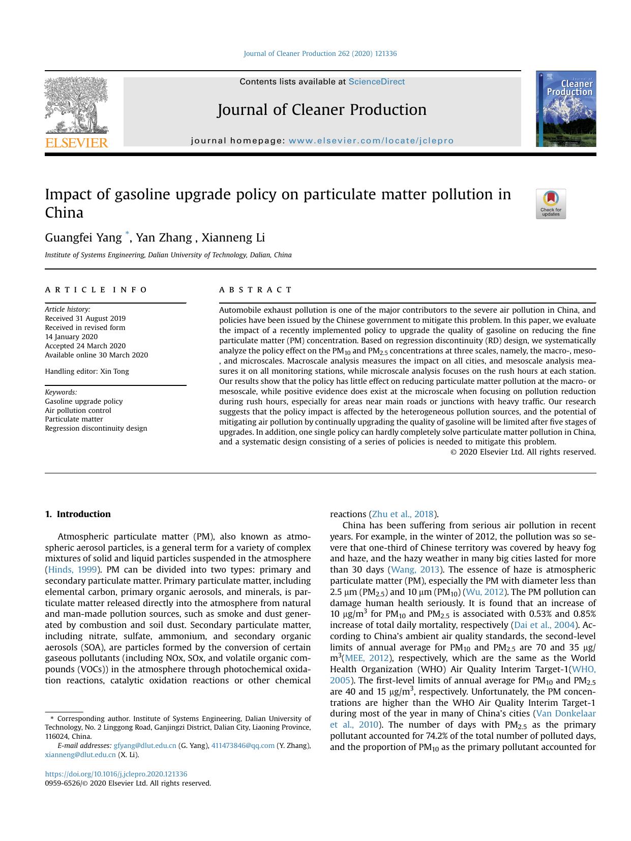 Impact of gasoline upgrade policy on particulate matter pollution in China by Guangfei Yang