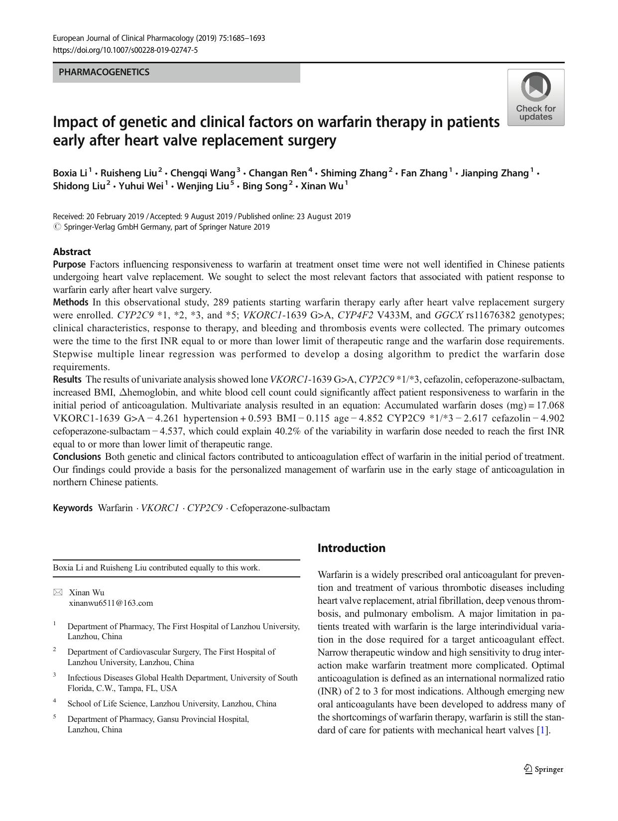 Impact of genetic and clinical factors on warfarin therapy in patients early after heart valve replacement surgery by unknow