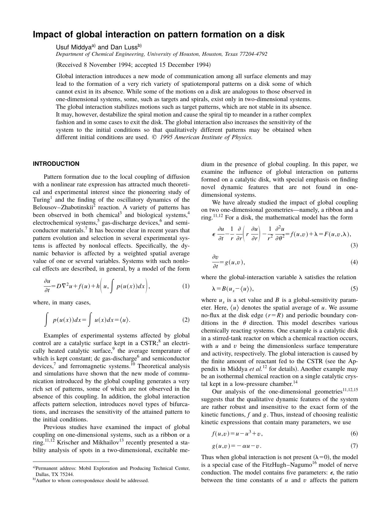 Impact of global interaction on pattern formation on by Usuf Middya and Dan Luss