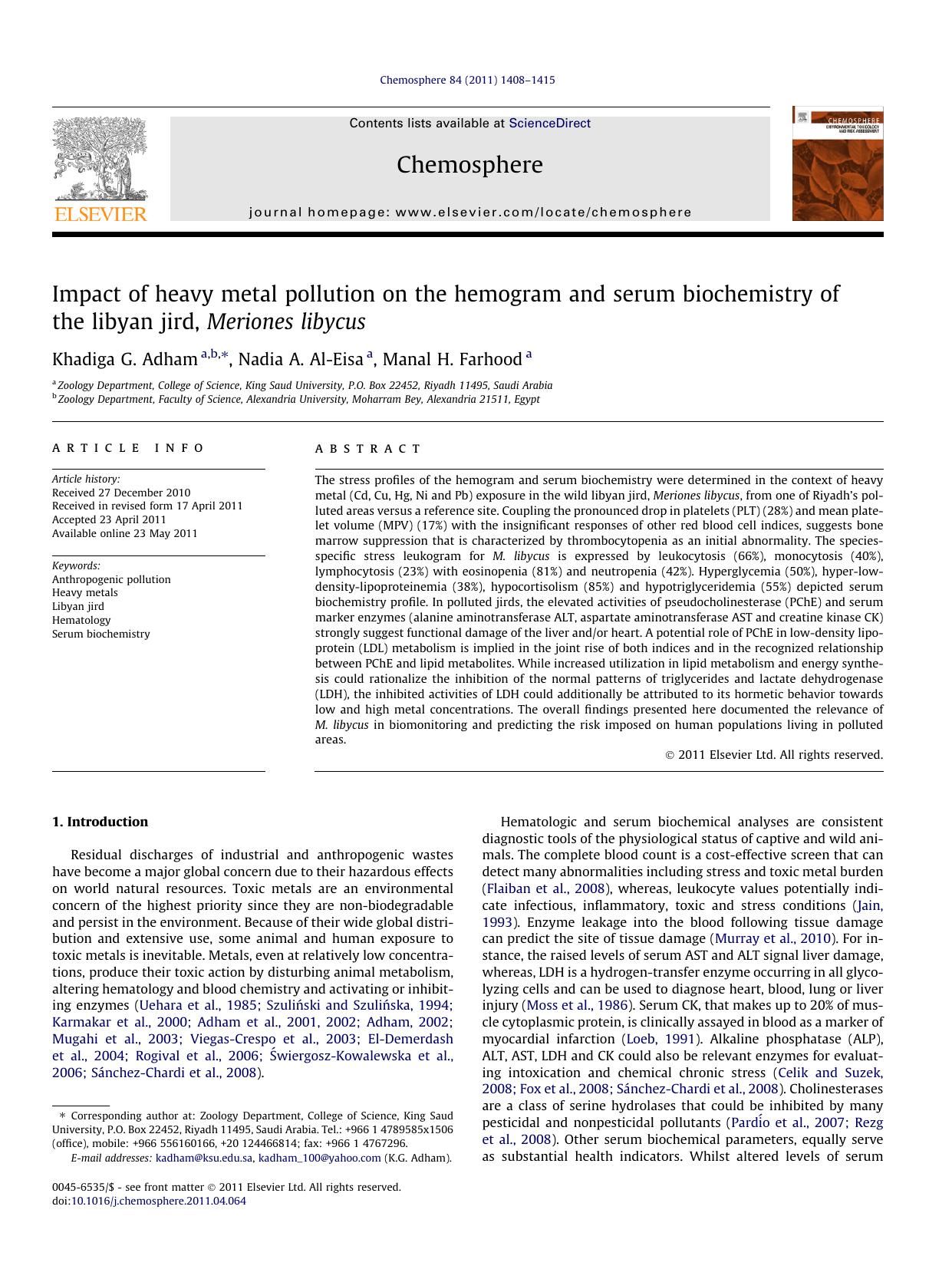 Impact of heavy metal pollution on the hemogram and serum biochemistry of the libyan jird, Meriones libycus by Khadiga G. Adham & Nadia A. Al-Eisa & Manal H. Farhood