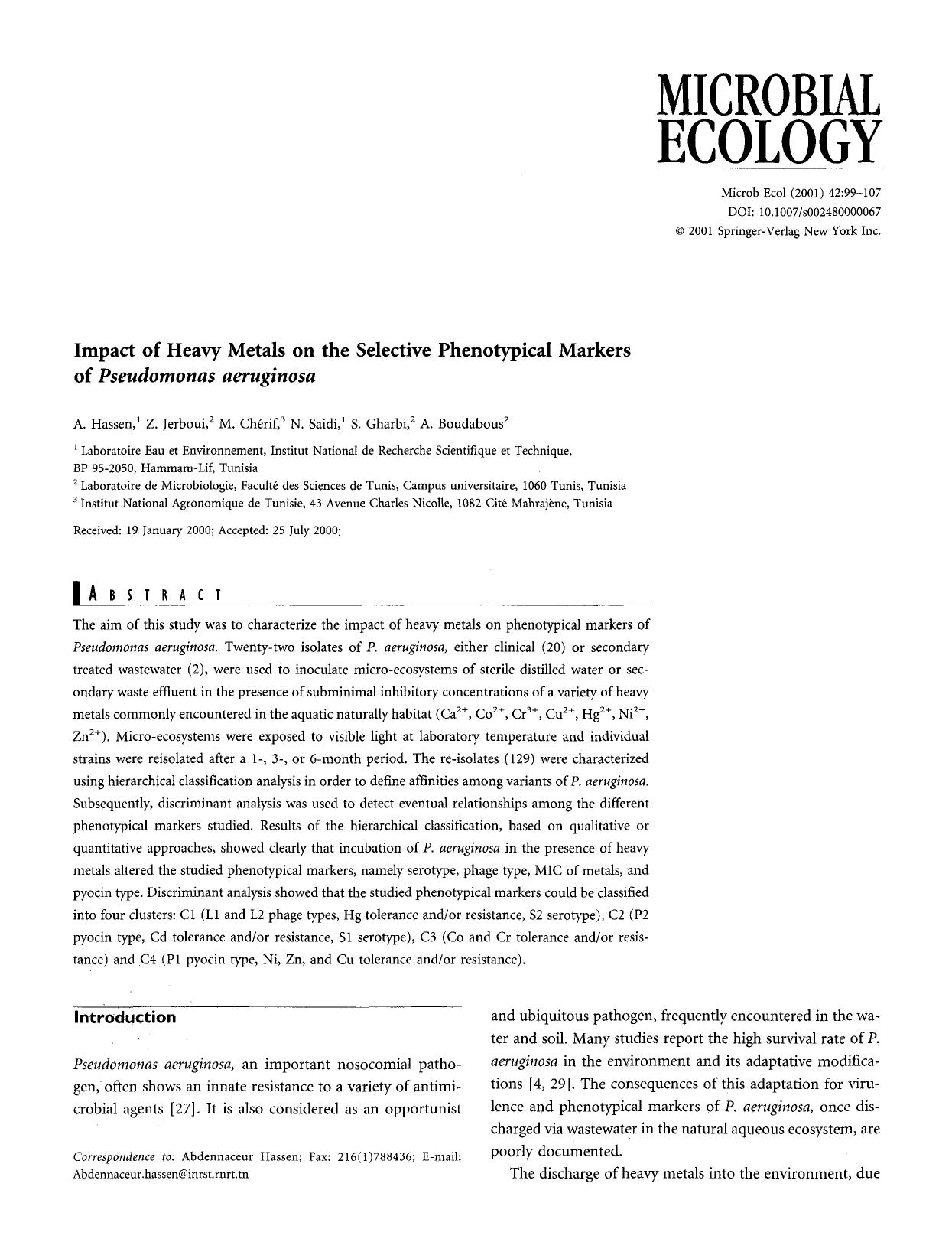 Impact of heavy metals on the selective phenotypical markers of <Emphasis Type="Italic">Pseudomonas aeruginosa<Emphasis> by Unknown