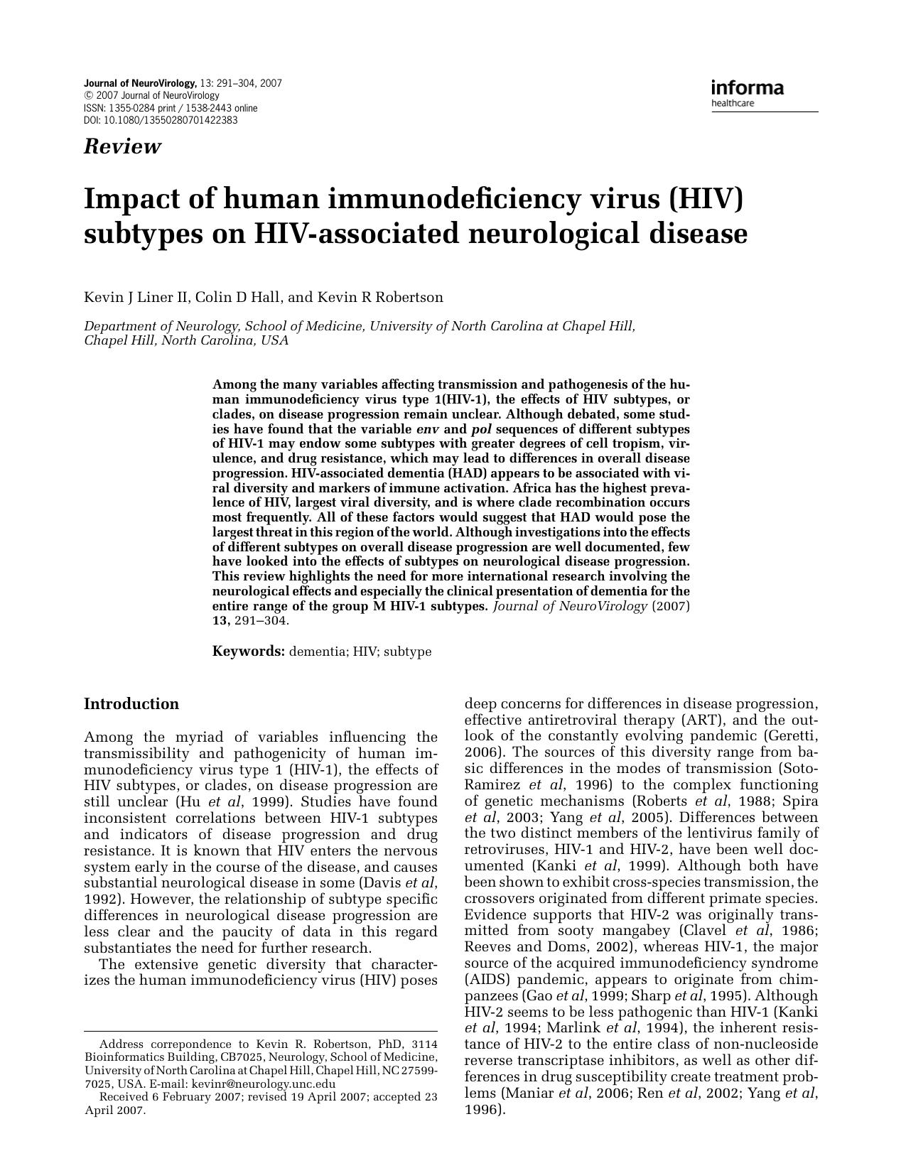 Impact of human immunodeficiency virus (HIV) subtypes on HIV-associated neurological disease by Unknown