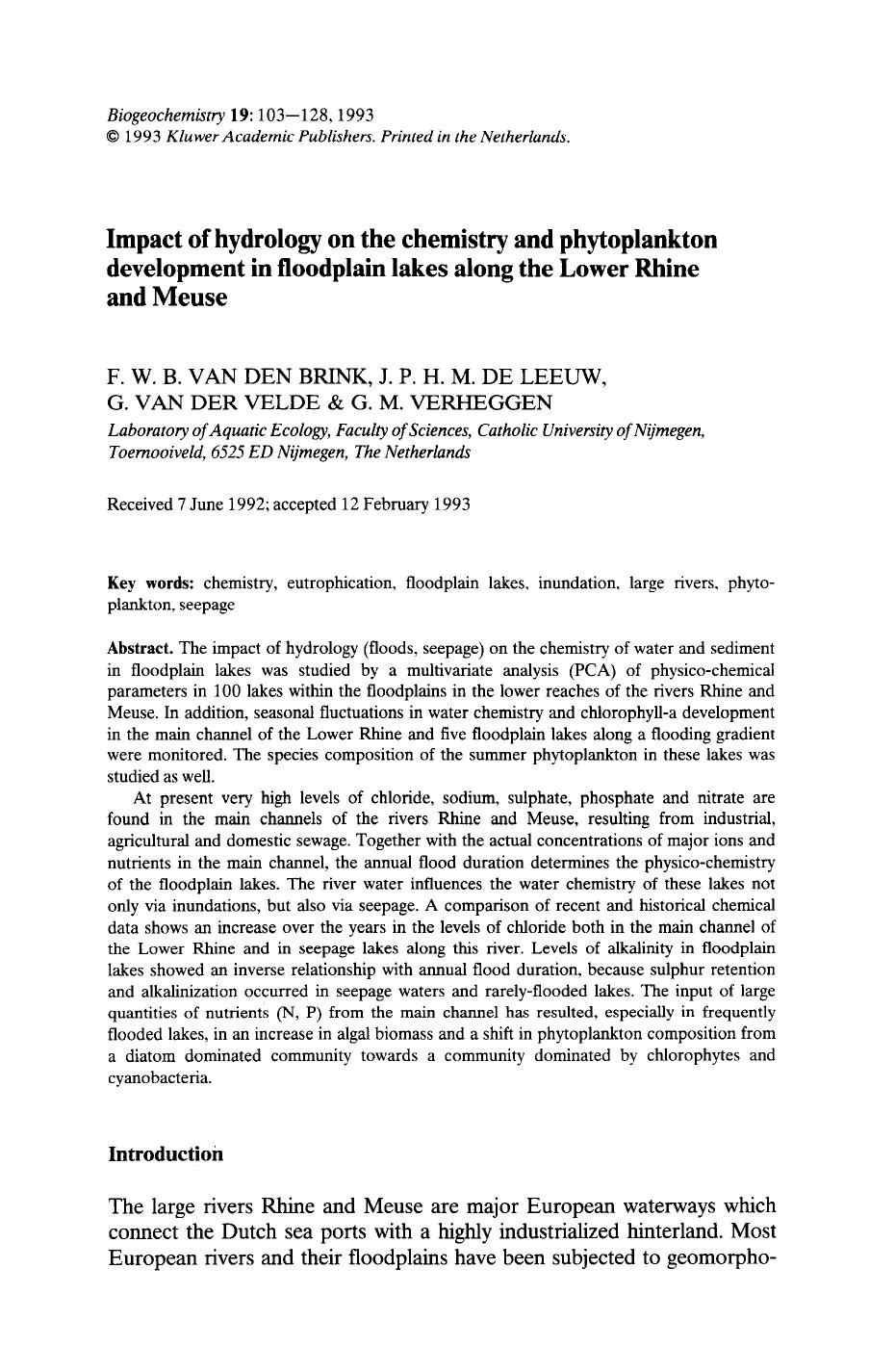 Impact of hydrology on the chemistry and phytoplankton development in floodplain lakes along the Lower Rhine and Meuse by Unknown