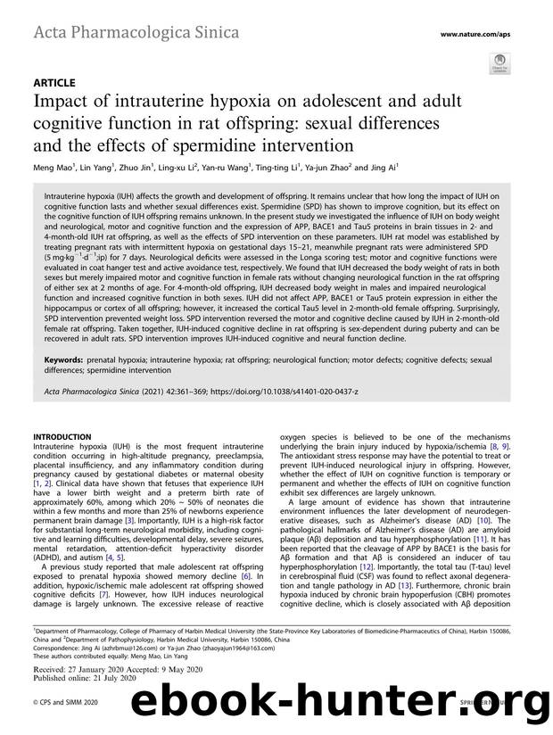 Impact of intrauterine hypoxia on adolescent and adult cognitive function in rat offspring: sexual differences and the effects of spermidine intervention by Meng Mao & Lin Yang & Zhuo Jin & Ling-xu Li & Yan-ru Wang & Ting-ting Li & Ya-jun Zhao & Jing Ai